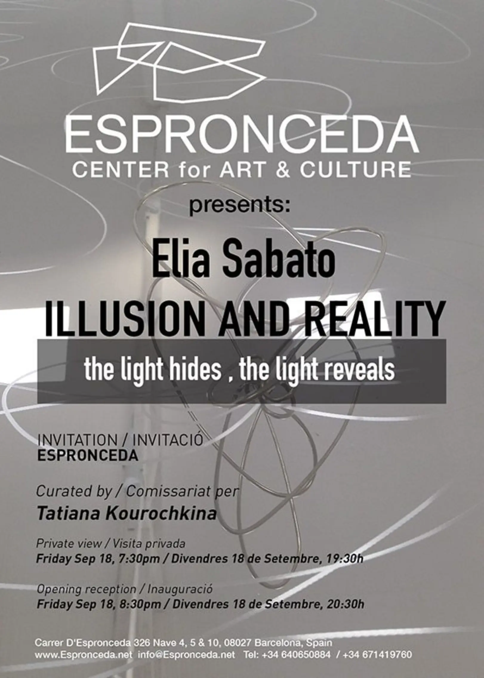 Promotional poster for Elia Sabato's exhibition 'Illusion and Reality' at Espronceda Center for Art & Culture in Barcelona, featuring a wire sculpture with light projections on a grey background.