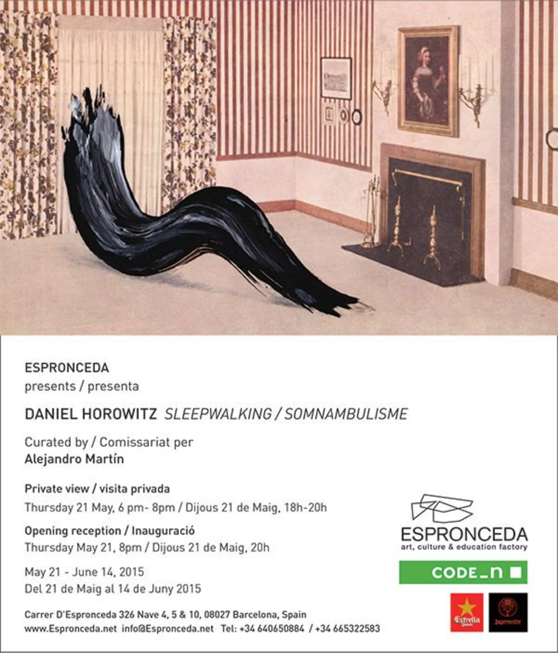 Promotional image for Daniel Horowitz's exhibition 'Sleepwalking / Somnambulisme' at Espronceda art and culture center in Barcelona, featuring a fluid black brushstroke sculpture set against a vintage domestic interior with floral curtains, striped wallpaper and a fireplace.