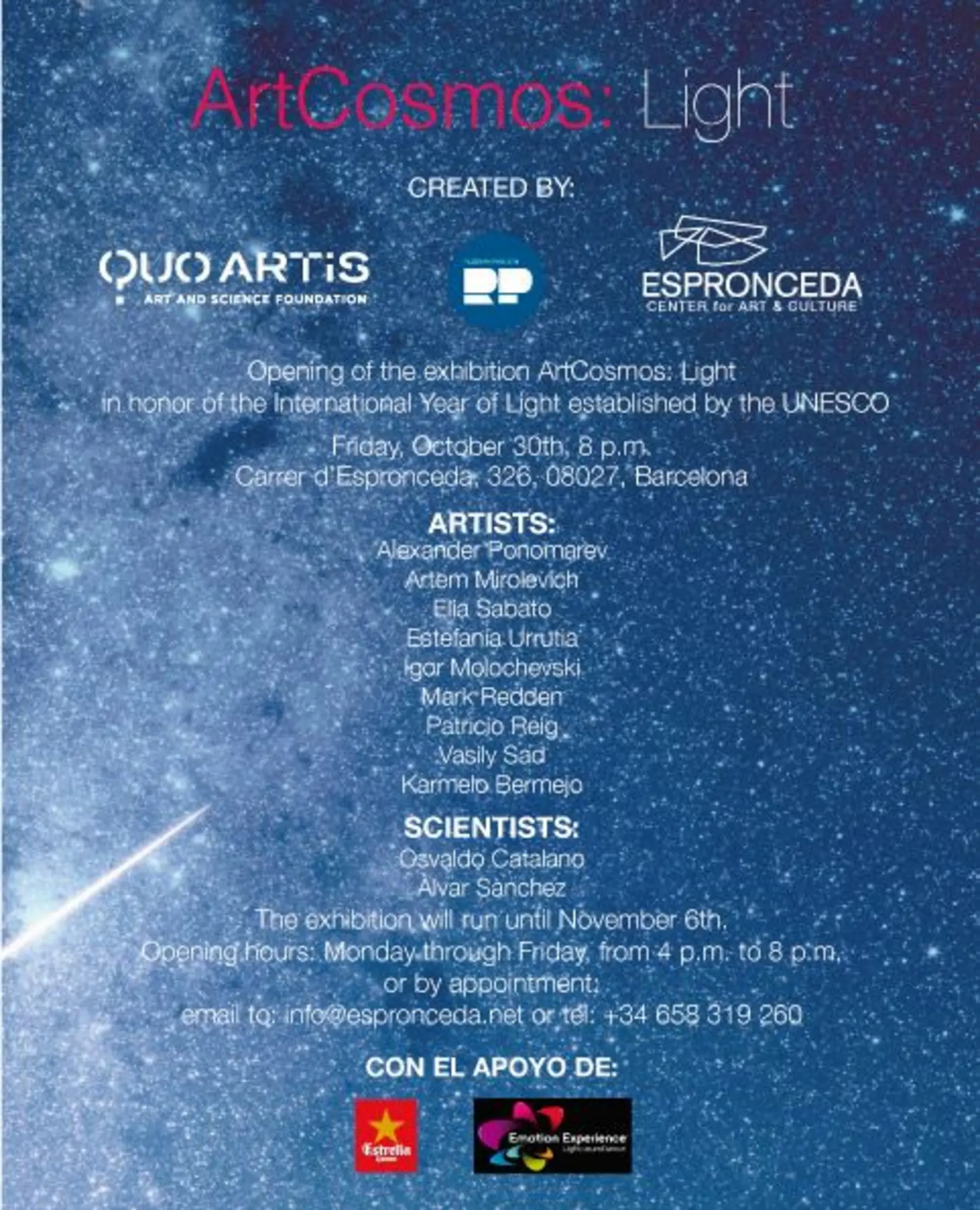 Flyer of the ArtCosmos: Light exhibition opening at Espronceda, center for art and culture in Barcelona, held in honor of the UNESCO International Year of Light.