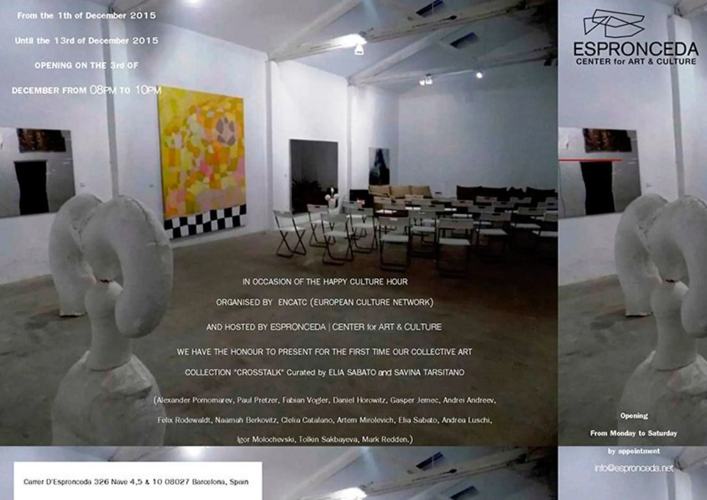 Invitation card for the CrossTalk group exhibition opening at Espronceda, center for art and culture in Barcelona, December 2015.