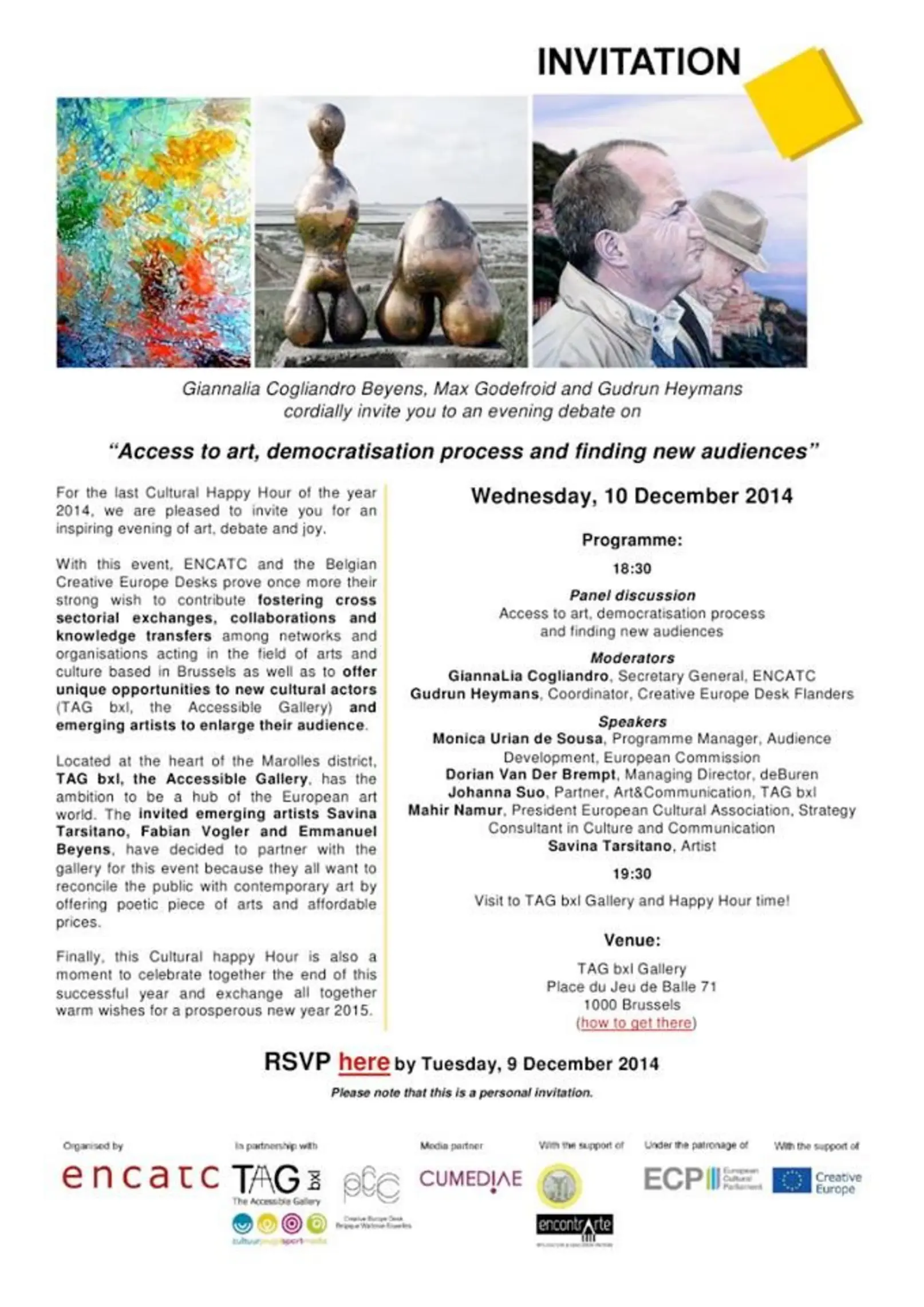 Invitation to ENCATC Cultural Happy Hour debate on art access and democratisation at TAG bxl Gallery, featuring artworks and portraits of participating artists and moderators, supported by Espronceda.