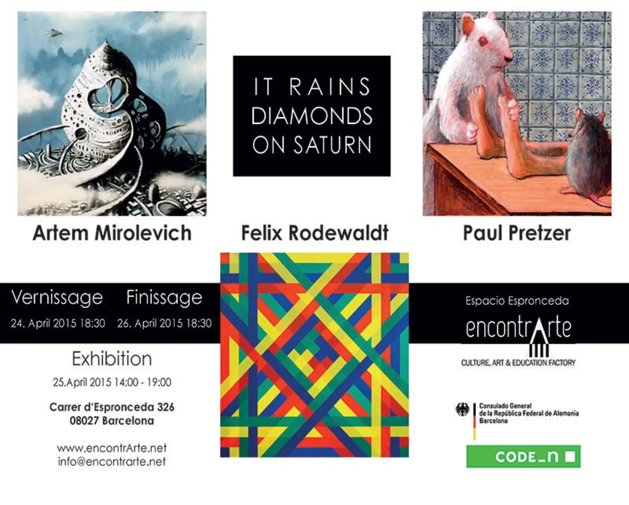 Cartel de la exposición colectiva 'It Rains Diamonds on Saturn' en el centro de arte y cultura Espronceda de Barcelona, con obras de Artem Mirolevich, Paul Pretzer y Felix Rodewaldt