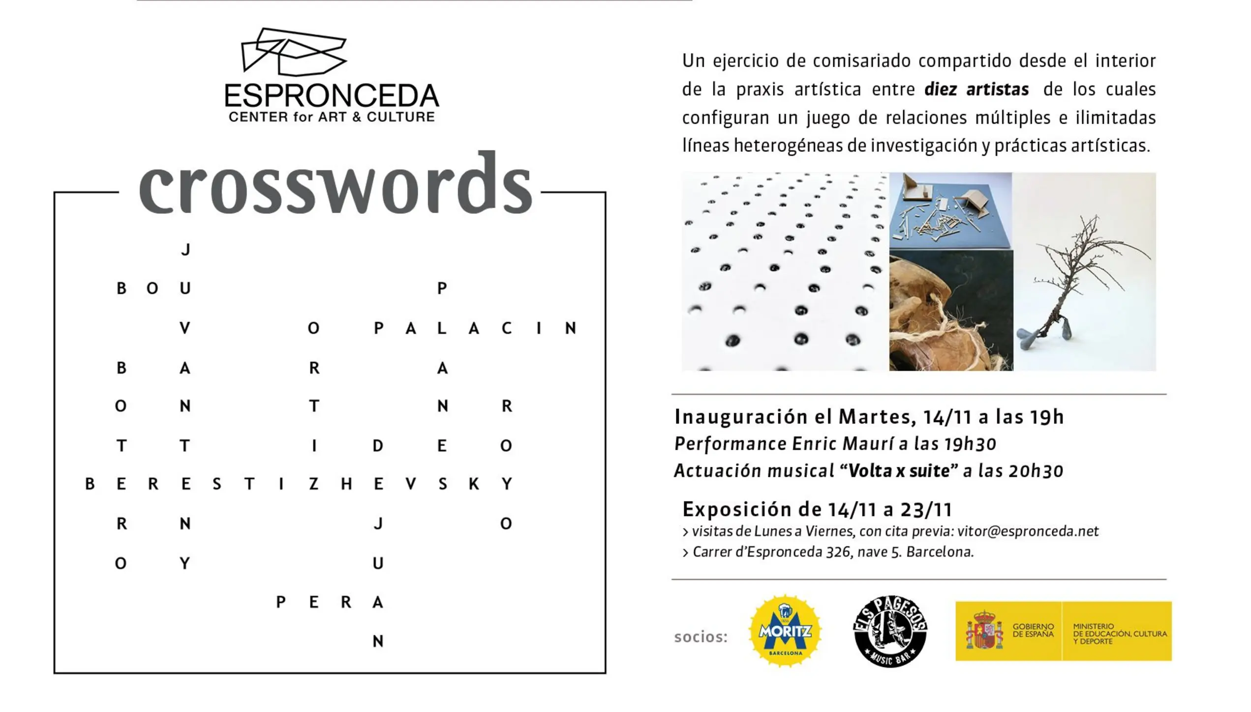 Promotional image for the collective exhibition Crosswords, opening on November 14th at 19h at Espronceda, center for art and culture in Barcelona.