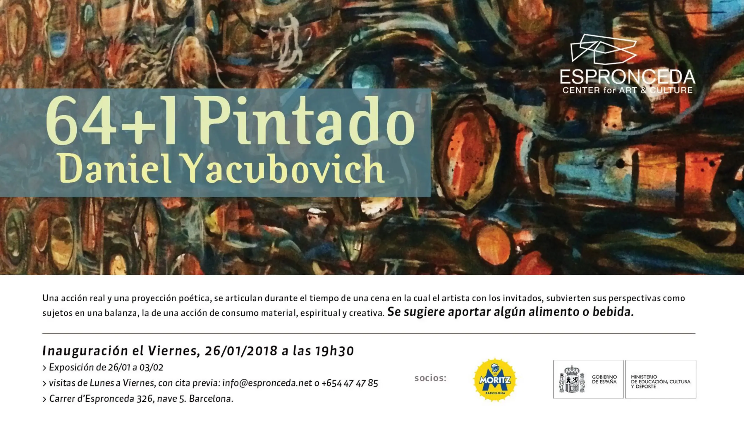 Promotional flyer for '64+1 Pintado' by Daniel Yacubovich at Espronceda Center for Art and Culture in Barcelona, featuring a detail of an oil painting used as a tablecloth projected as a cosmic still life.