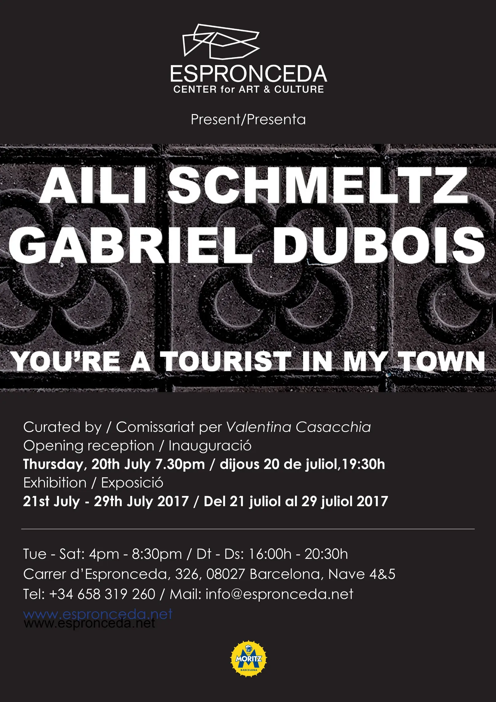Promotional poster for 'You're a Tourist in My Town' by Aili Schmeltz and Gabriel Dubois, a site-specific installation exhibition curated by Valentina Casacchia at Espronceda Center for Art and Culture in Barcelona, July 2017.