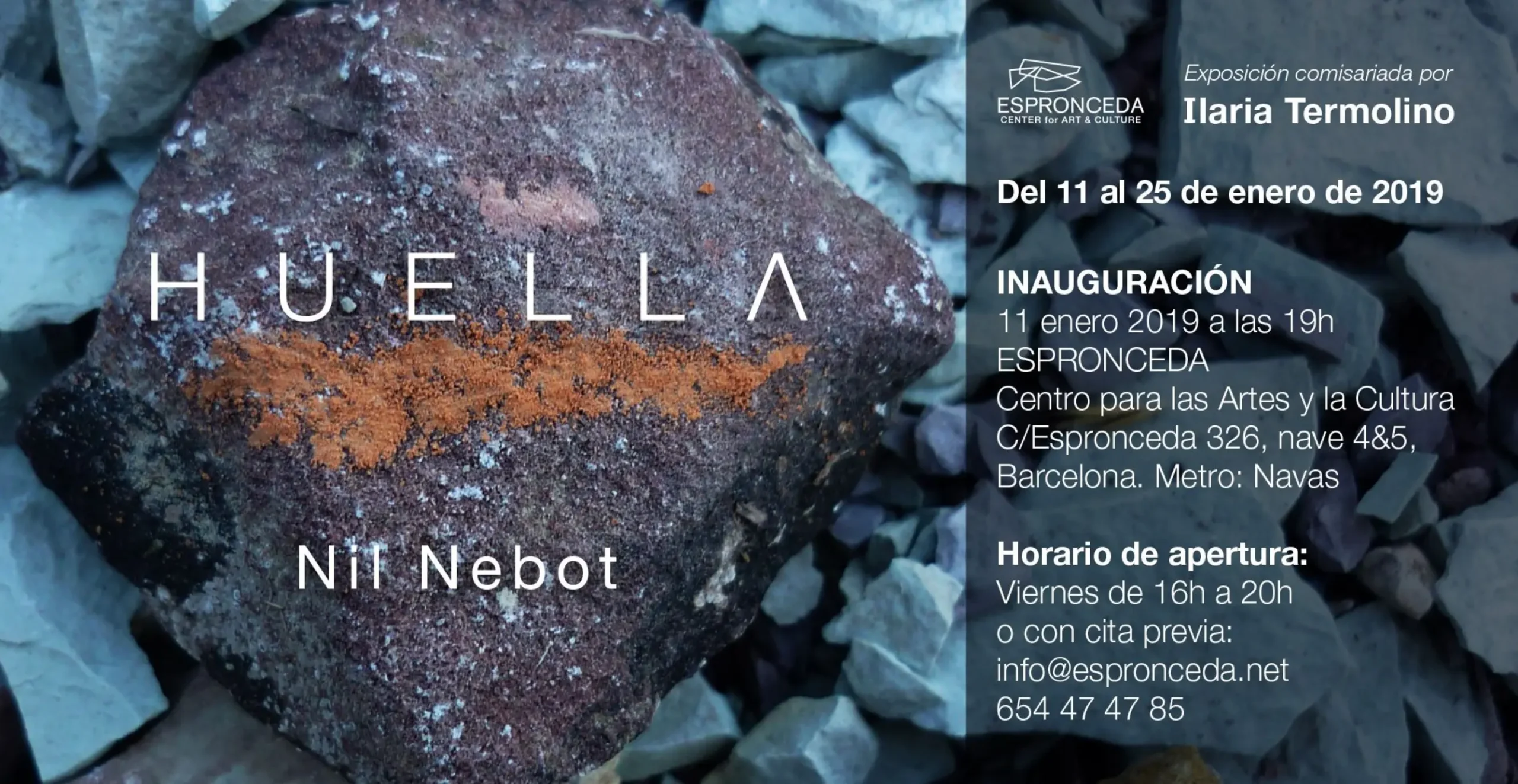 Promotional image for Huella, solo exhibition by Nil Nebot at Espronceda art and culture center in Barcelona, exploring ecology and anti-consumerism through installation art.
