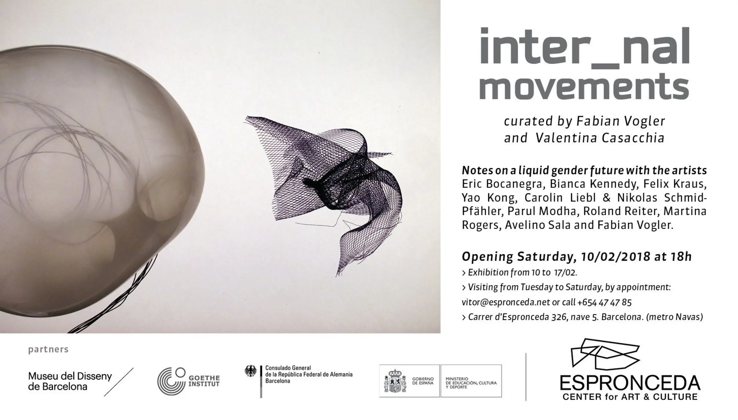 Flyer of the Inter_nal Movements exhibition at Espronceda, art and culture center in Barcelona, exploring intersexuality and the liquidity of gender.