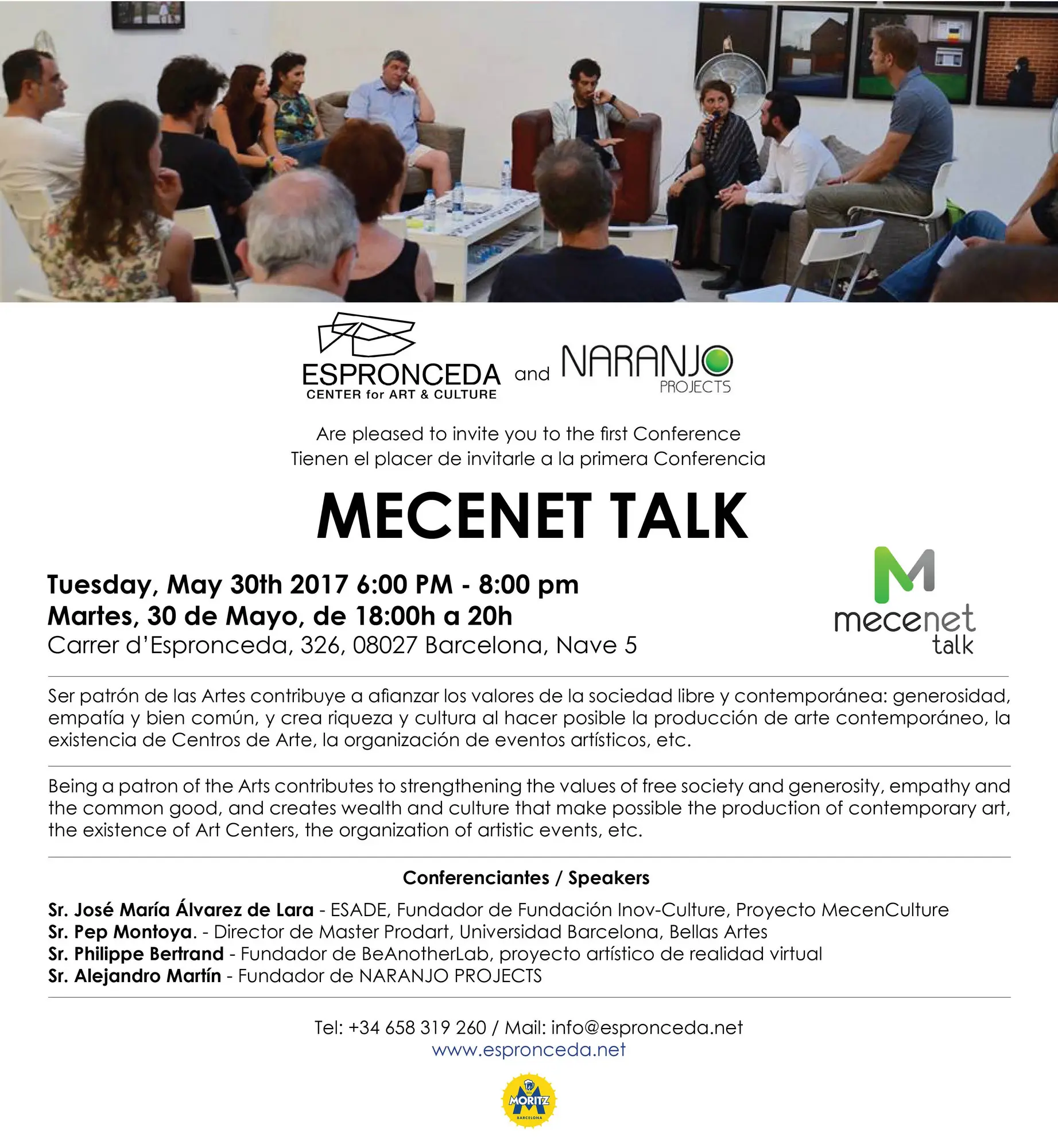 Panel de ponentes y público asistente a la primera conferencia MECENET Talk organizada por Espronceda Center for Art & Culture y Naranjo Projects en Barcelona.