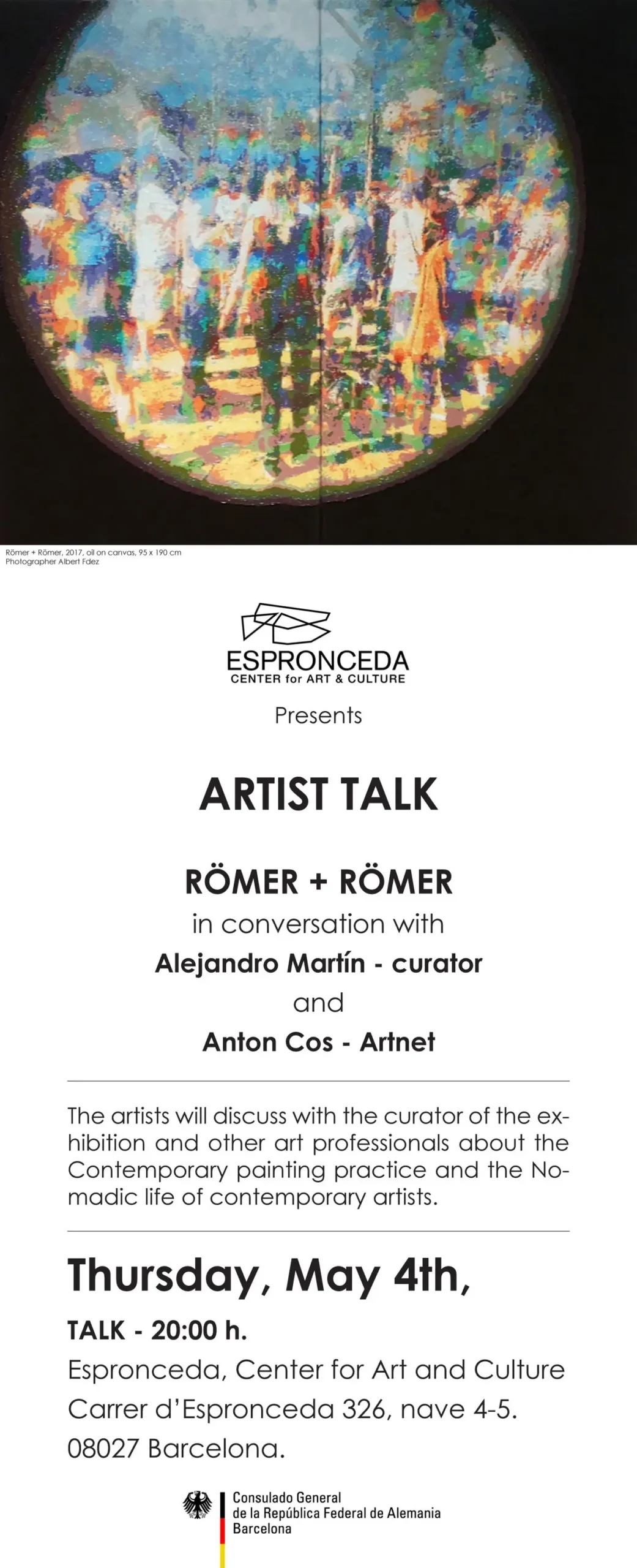 Flyer del Artist Talk con Römer + Römer en Espronceda, Center for Art and Culture de Barcelona, con una pintura al óleo que muestra figuras humanas vistas a través de un círculo de colores vibrantes.