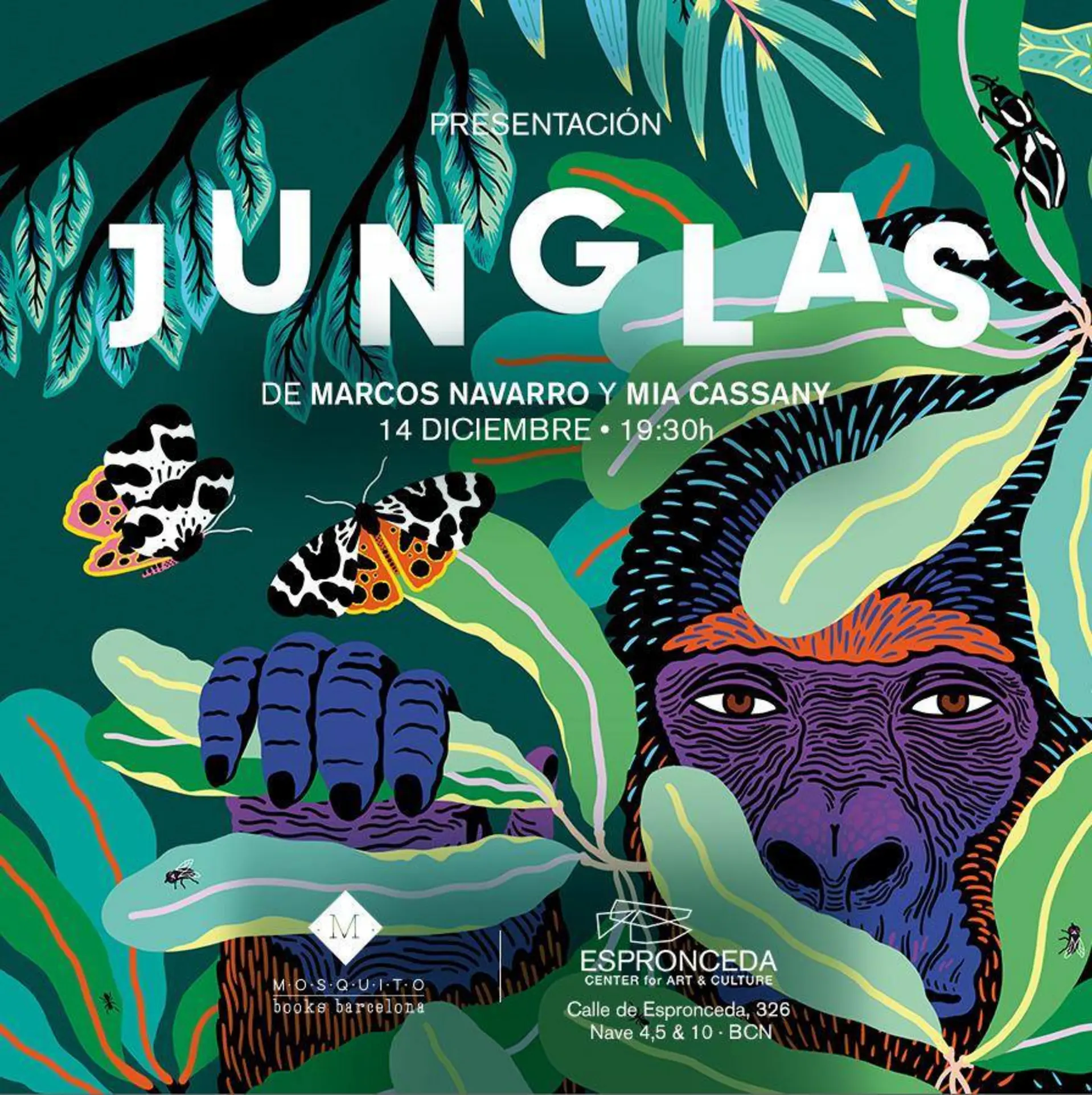 Promotional image for the Jungles book launch event at Espronceda, art and culture center in Barcelona, featuring live painting on 14 December 2018.