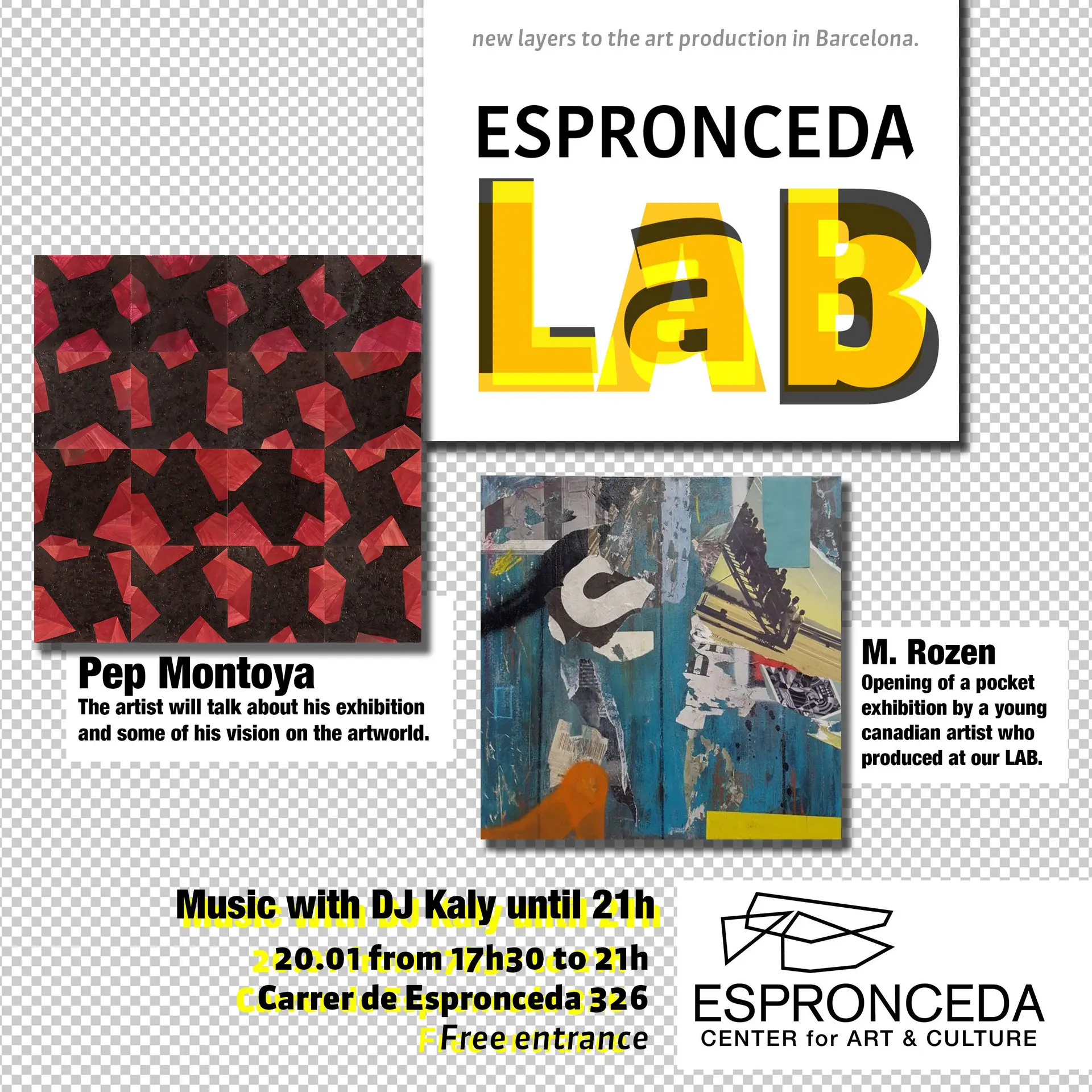 Promotional flyer for Espronceda LAB launch event in Barcelona featuring geometric red artwork by Pep Montoya and a mixed-media collage by Canadian artist M. Rozen, with event details for 20 January 2018.