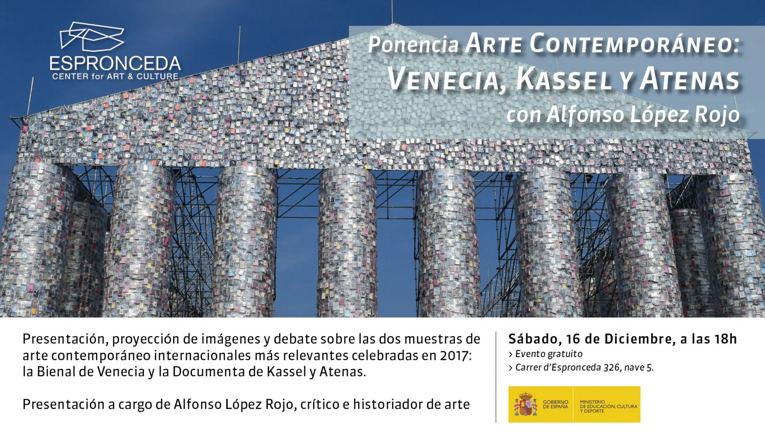 Cartel de la ponencia 'Arte Contemporáneo: Venecia, Kassel y Atenas' con Alfonso López Rojo en Espronceda, centro de arte y cultura de Barcelona.