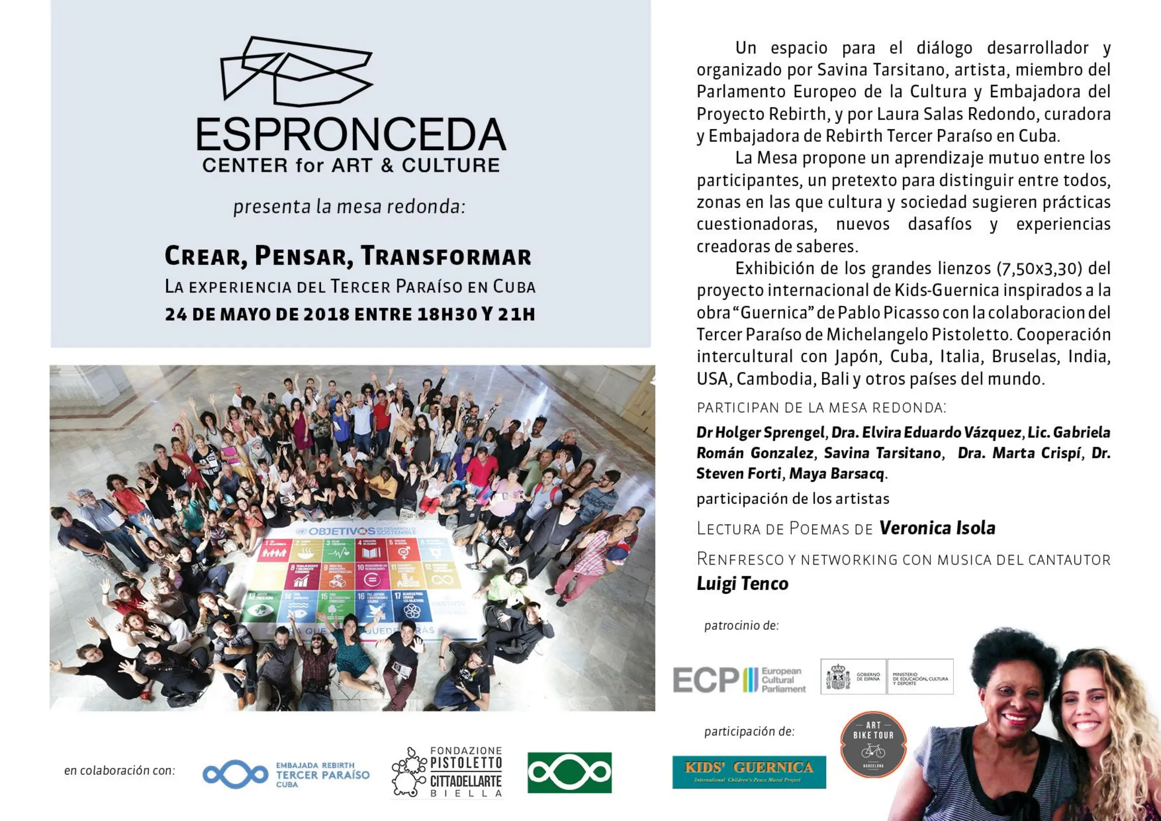 Invitation image for the round table 'Create, Think, Transform' at Espronceda, the art and culture center in Barcelona, featuring the Third Paradise and Kids-Guernica projects on 24 May 2018.