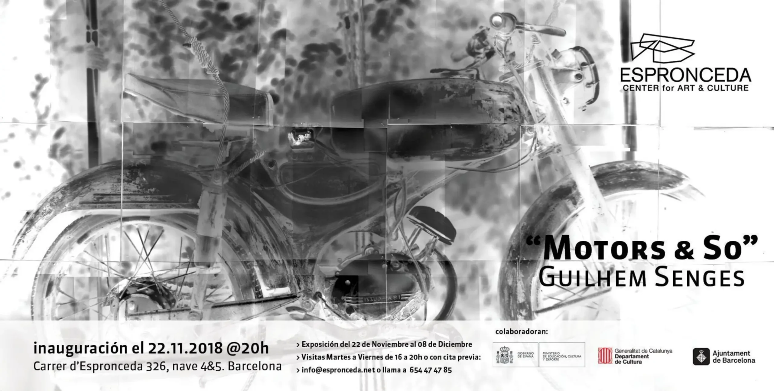 Promotional flyer for Motors & So, a retrospective exhibition by sculptor and photographer Guilhem Senges at Espronceda, centre for art and culture in Barcelona, combining analog photography, sound installations and interactive installations.
