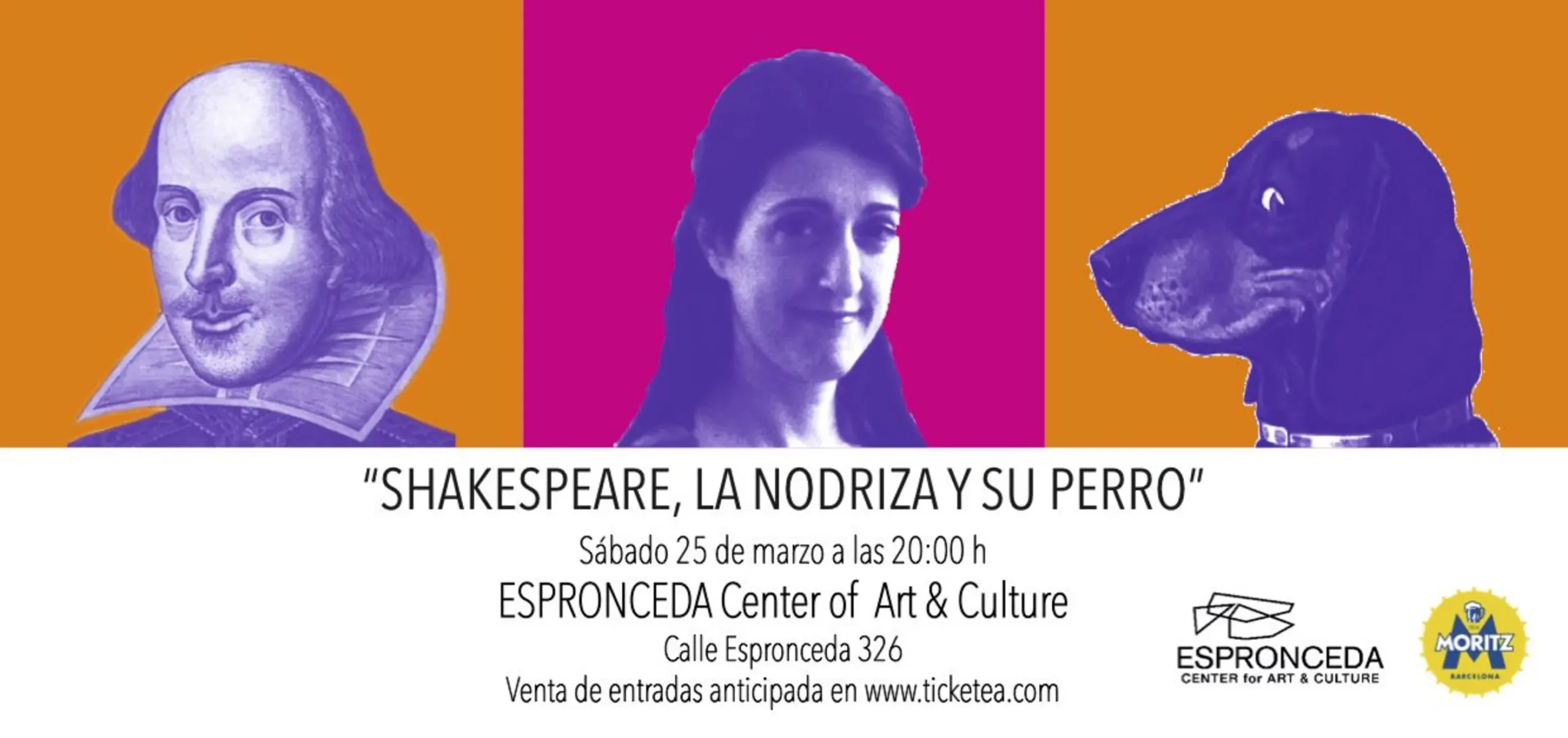 Cartel del espectáculo 'Shakespeare, la nodriza y su perro' en Espronceda Center for Art & Culture de Barcelona, con ilustraciones en tonos morados de Shakespeare, una mujer y un perro sobre fondos naranja y fucsia.
