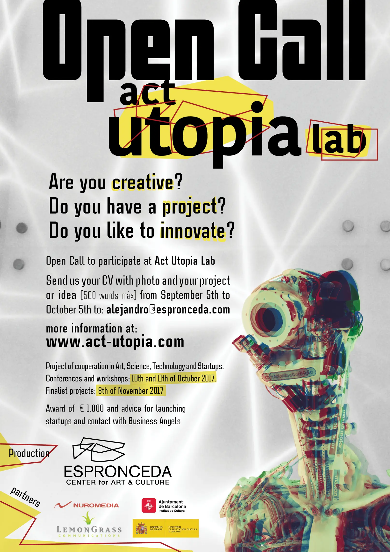 Cartel de la convocatoria abierta Act Utopia Lab, presentada en Espronceda, centro de arte y cultura de Barcelona.