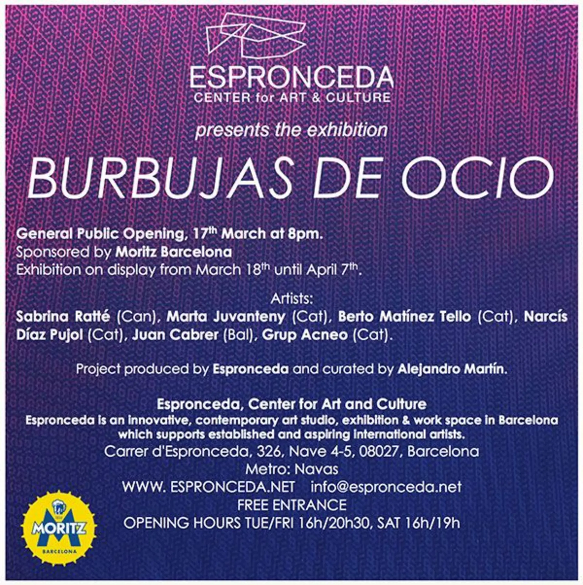Flyer of the exhibition Burbujas de Ocio at Espronceda Institute of Art and Culture in Barcelona, opening on 17 March 2016 at 8pm.