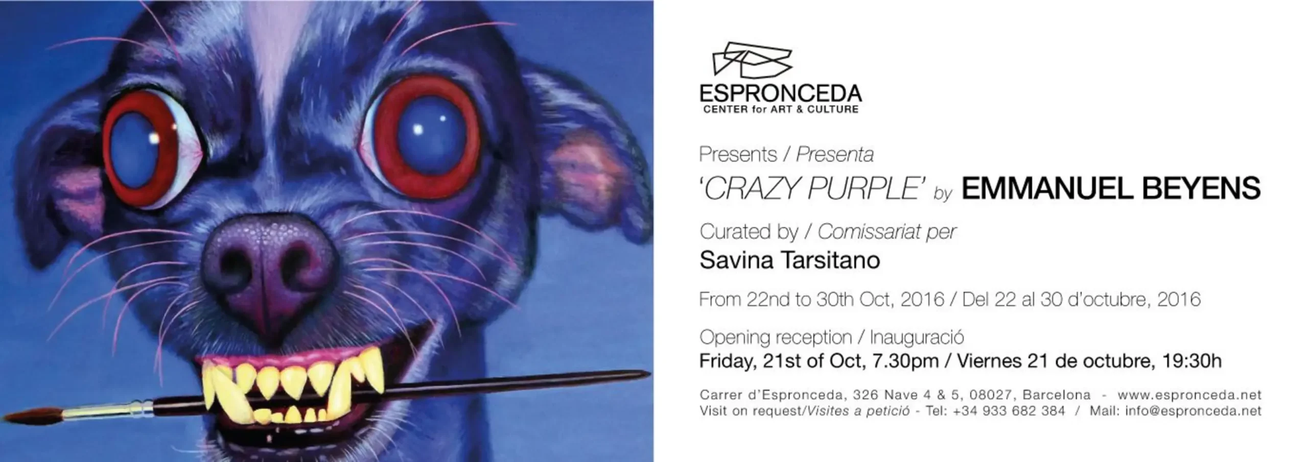 Flyer of the exhibition 'Crazy Purple' by Emmanuel Beyens at Espronceda, centre d'art i cultura de Barcelona, opening on 21 October 2016.