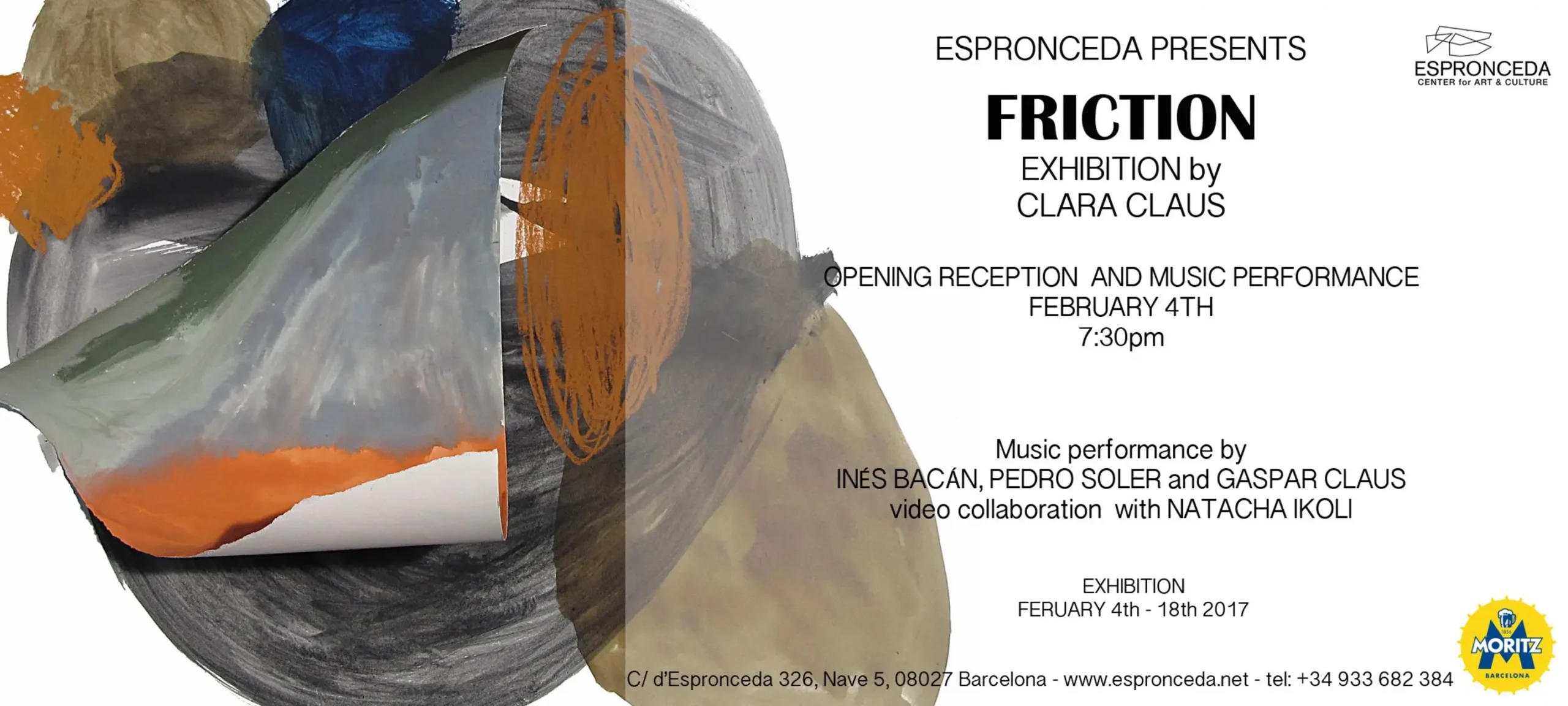 Invitation flyer for the opening of 'Friction' by Clara Claus at Espronceda, the art and culture center in Barcelona, on February 4th 2017 at 19h30.