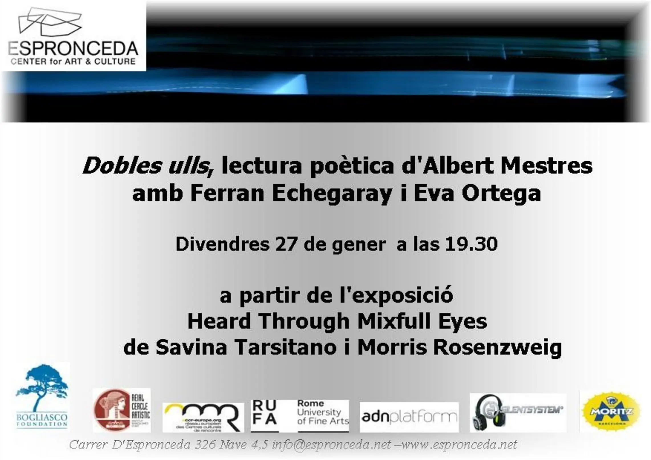 Invitation flyer for the poetical recital Dobles Ulls by Albert Mestres, presented by Espronceda Institute of Art and Culture in Barcelona on 27 January 2017.