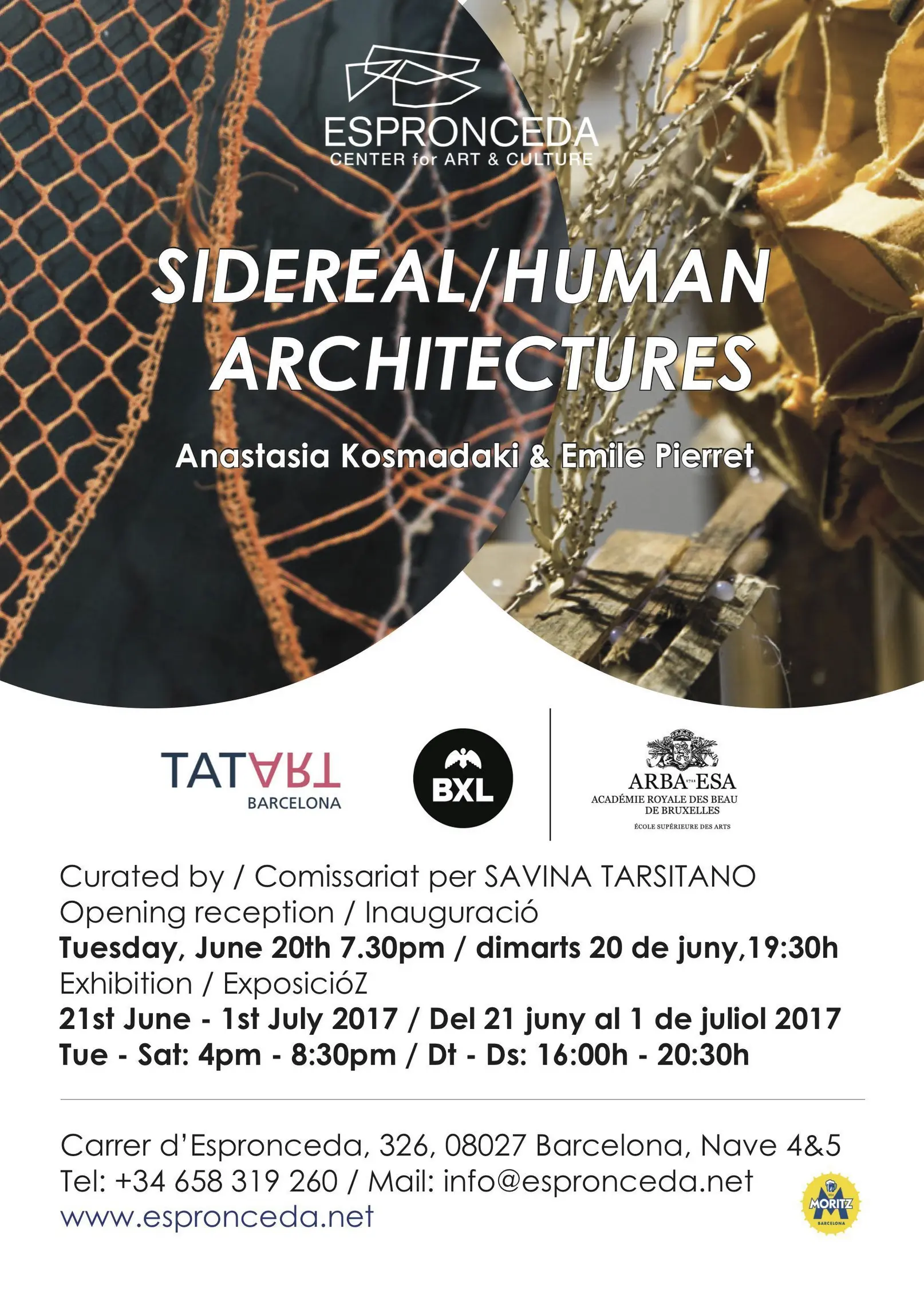 Promotional poster for the exhibition 'Sidereal/Human Architectures' by Anastasia Kosmadaki and Emile Pierret at Espronceda Center for Art and Culture in Barcelona, showing close-up details of textile net sculpture and dried botanical elements.