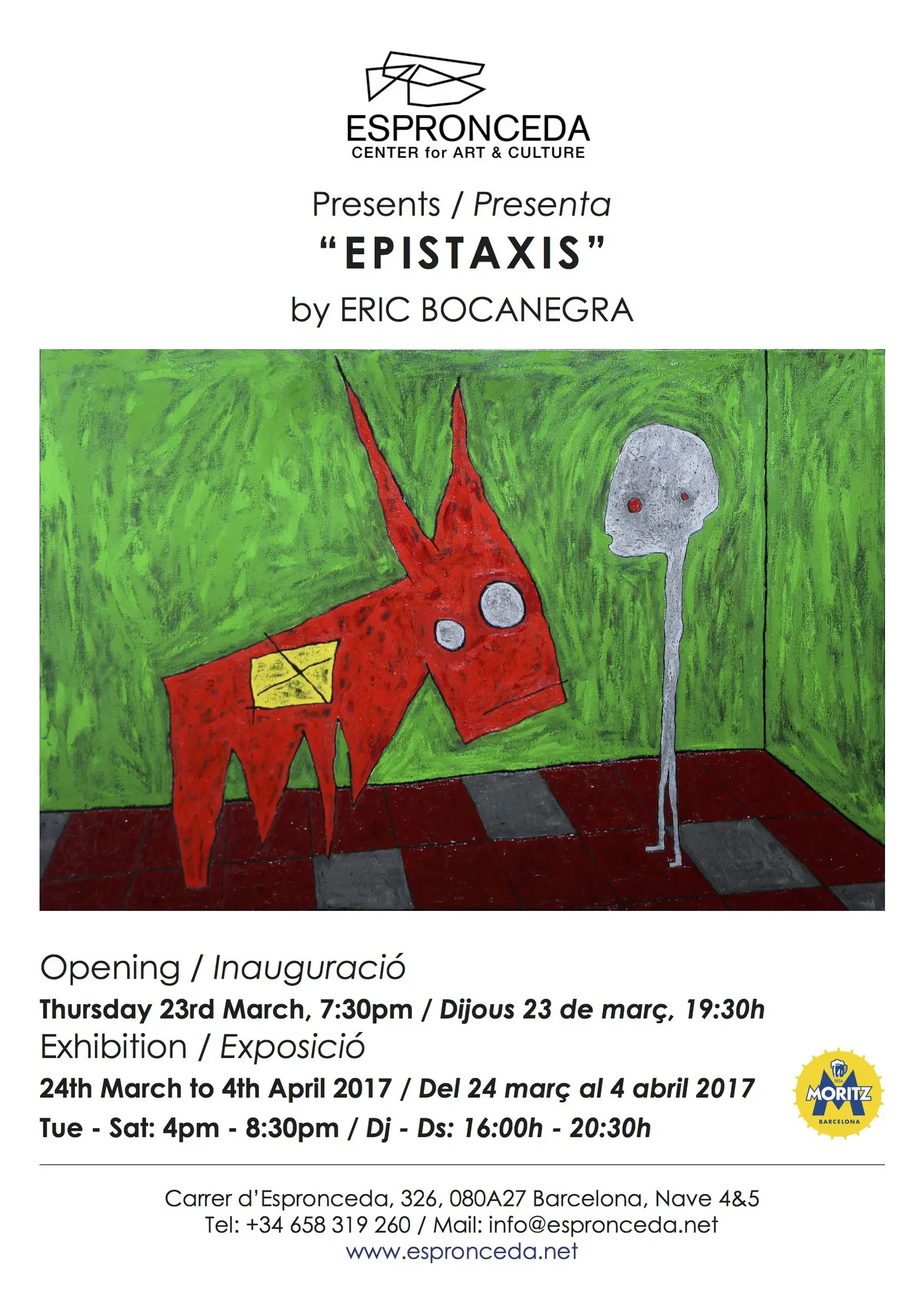 Painting from the Epistaxis exhibition by Eric Bocanegra at Espronceda Center for Art and Culture in Barcelona, showing a red horned animal figure and a grey elongated humanoid on a checkered floor against a green background.