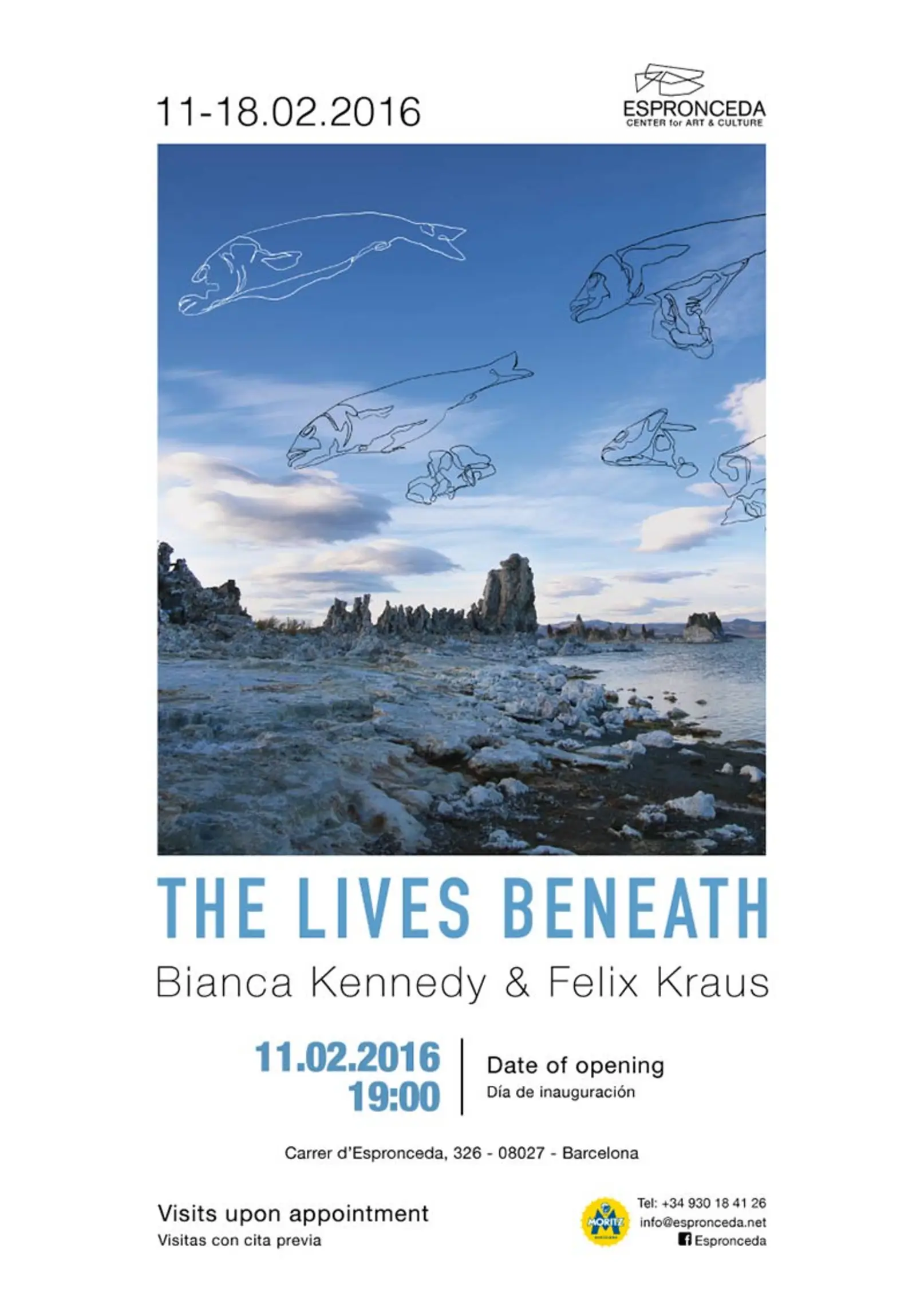 Exhibition poster for 'The Lives Beneath' by Bianca Kennedy and Felix Kraus at Espronceda Center for Art and Culture in Barcelona, featuring a surreal photograph of a rocky lakeshore with white line-drawn fish floating through a blue sky, February 11–18, 2016.