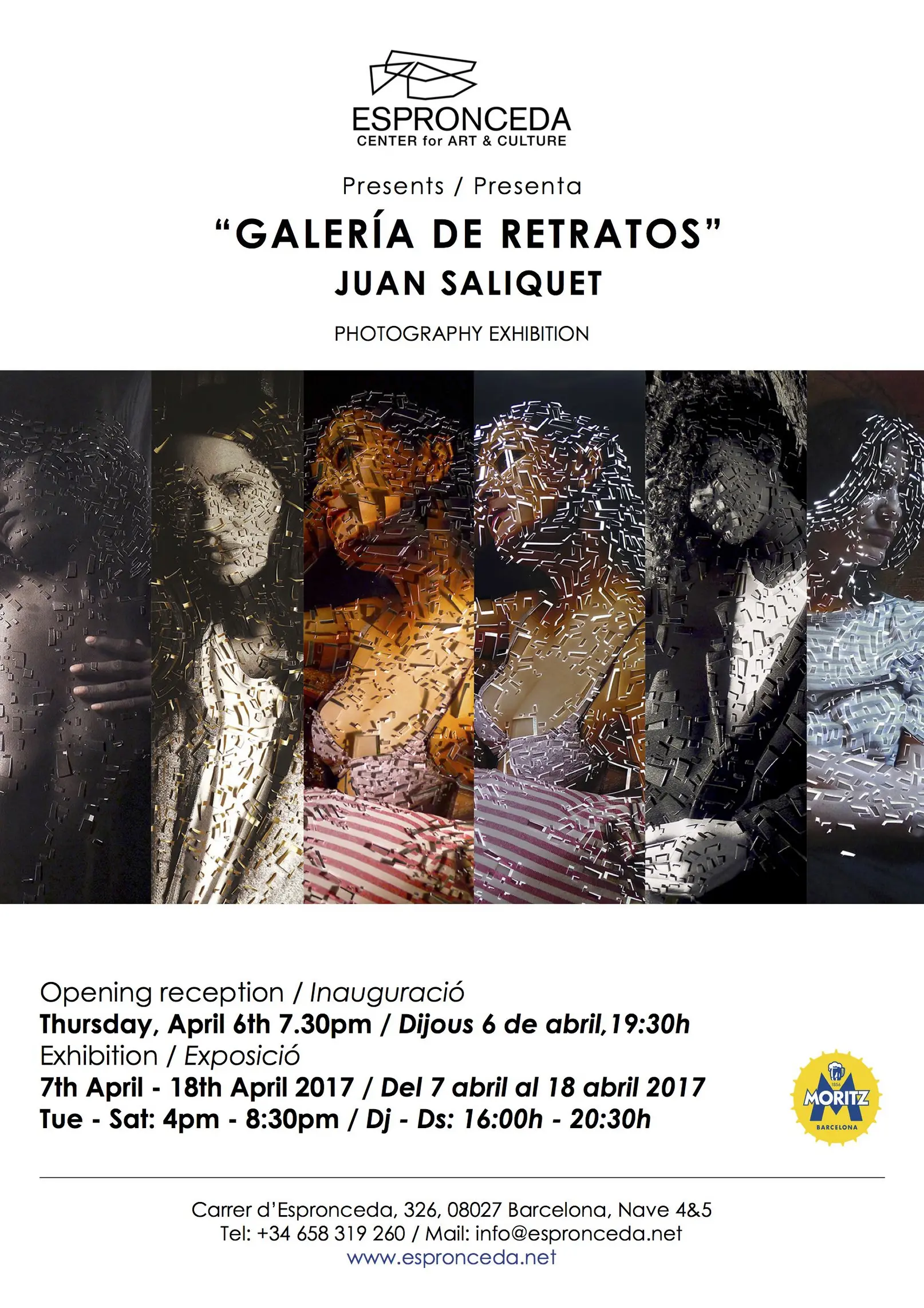 Promotional flyer for 'Galería de Retratos' by Juan Saliquet at Espronceda Center for Art & Culture in Barcelona, showing a composite of four portrait photographs where human figures are fragmented into geometric, mosaic-like incisions creating a three-dimensional sculptural effect.