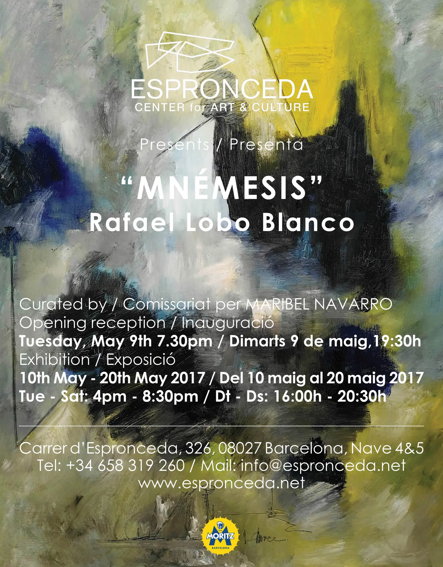 Promotional poster for 'Mnémesis' by Rafael Lobo Blanco at Espronceda Center for Art and Culture in Barcelona, featuring an abstract painting in grey, black, blue and yellow tones, with exhibition dates from 10 to 20 May 2017.