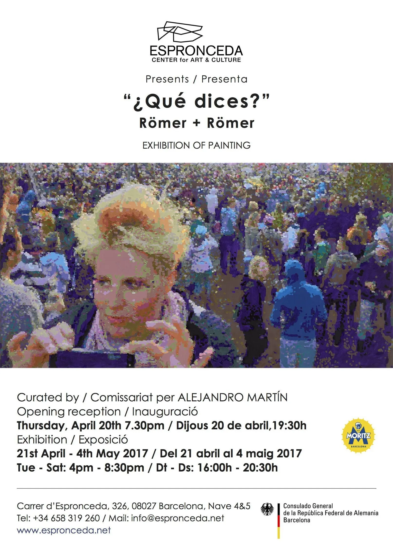 Promotional poster for the painting exhibition '¿Qué Dices?' by Römer + Römer at Espronceda Center for Art and Culture in Barcelona, featuring a pixelated painting of a young woman in a crowd at the Fusion Festival.