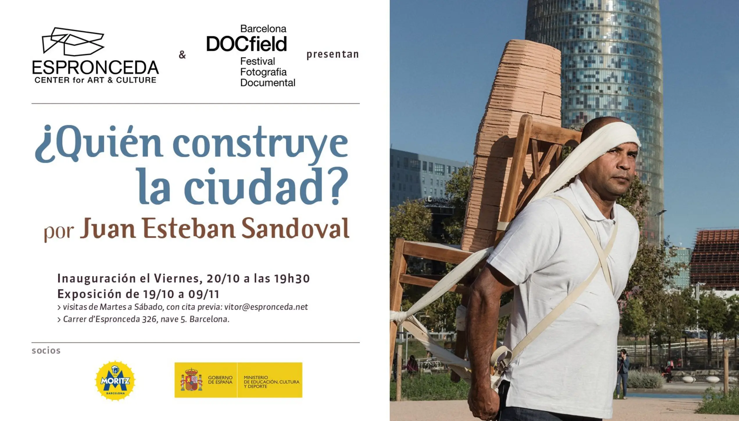 Invitation image for the exhibition 'Who Builds the City?' by Colombian artist Juan Esteban Sandoval at Espronceda Institute of Art and Culture in Barcelona, part of the DOCfield Barcelona Documentary Photography Festival.