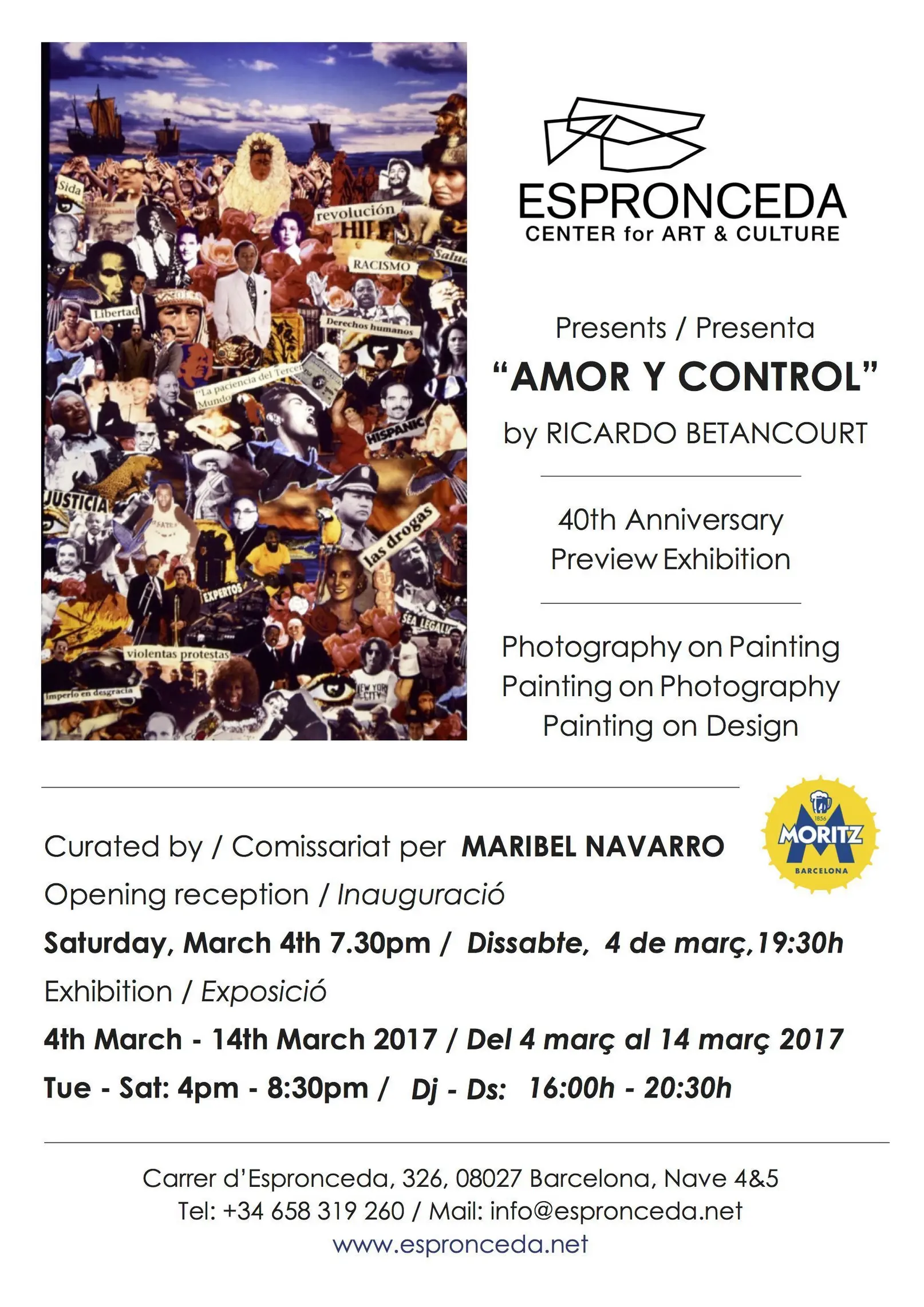 Promotional flyer for 'Amor y Control' by Ricardo Betancourt at Espronceda Center for Art & Culture in Barcelona, featuring a dense photomontage collage with figures, text fragments in Spanish about social issues, and vivid colours.