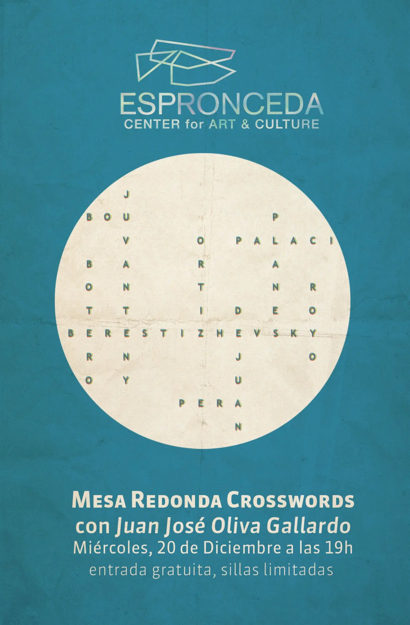 Cartel de la mesa redonda Crosswords en Espronceda, centro de arte y cultura de Barcelona, con el crítico y comisario Juanjo Oliva y los artistas participantes el 20 de diciembre de 2017.
