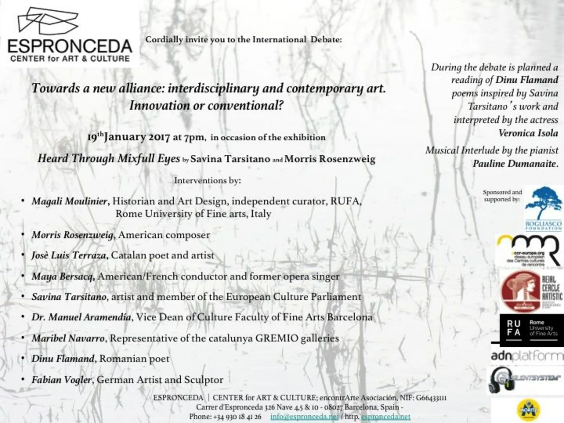 Promotional image for the roundtable 'Towards a New Alliance' held at Espronceda Institute of Art & Culture in Barcelona on 19 January 2017, exploring interdisciplinary practices in contemporary art.