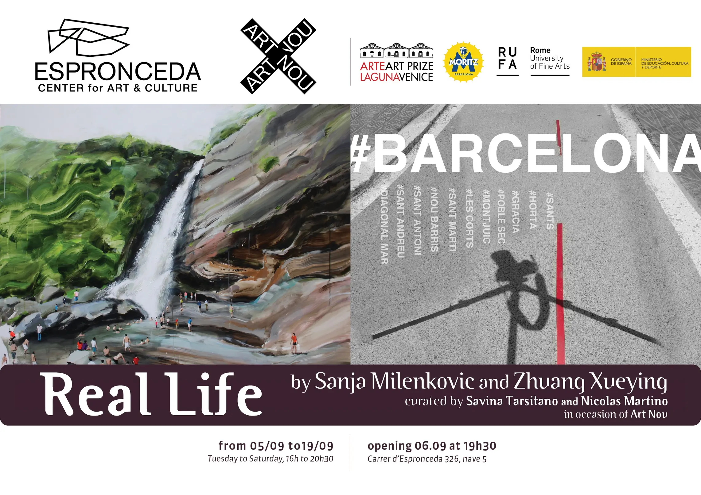 Exhibition poster for Real Life by Sanja Milenkovic and Zhuang Xueying at Espronceda Center for Art and Culture in Barcelona, showing a figurative painting of a waterfall with figures and a street-level photograph with Barcelona neighbourhood hashtags.