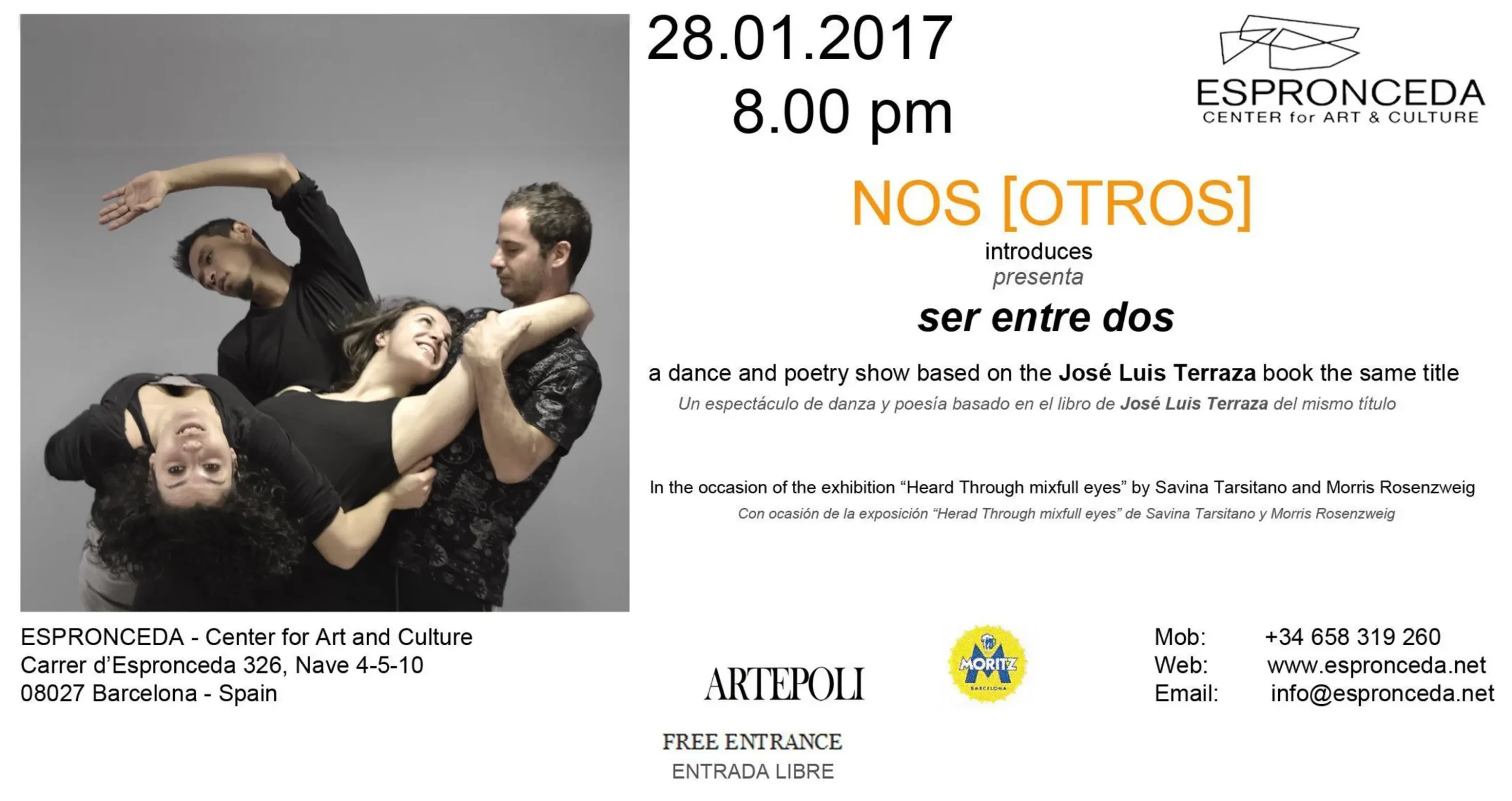 Three dancers in black clothing perform an intertwined contemporary dance piece at Espronceda Center for Art and Culture in Barcelona, promoting the show Ser Entre Dos by NOS[OTROS].
