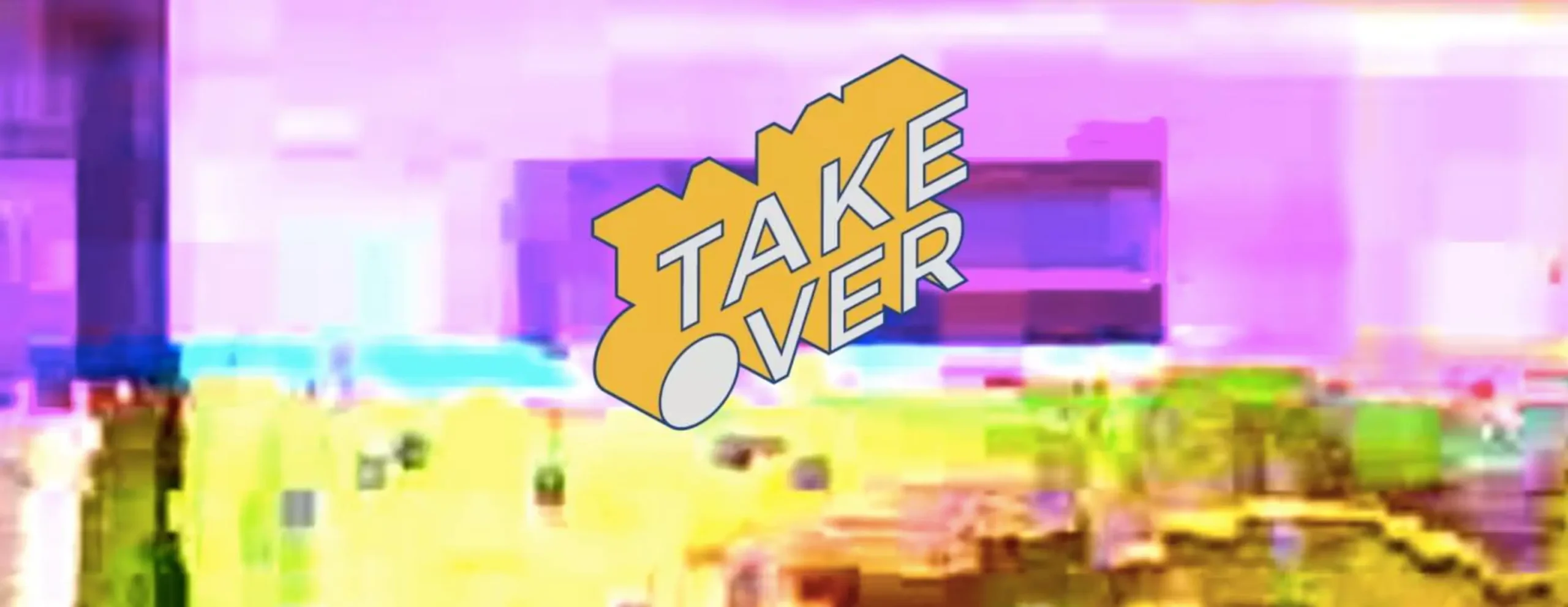 Logo del evento Take Over sobre un fondo urbano pixelado y colorido, arte callejero organizado en Espronceda, centro de arte y cultura de Barcelona.