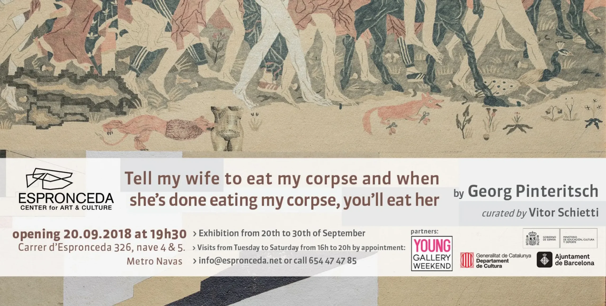 Flyer de la exposición de Georg Pinteritsch en Espronceda, centro de arte y cultura de Barcelona, con composiciones en capas de narrativas simbólicas y figuras humanas.