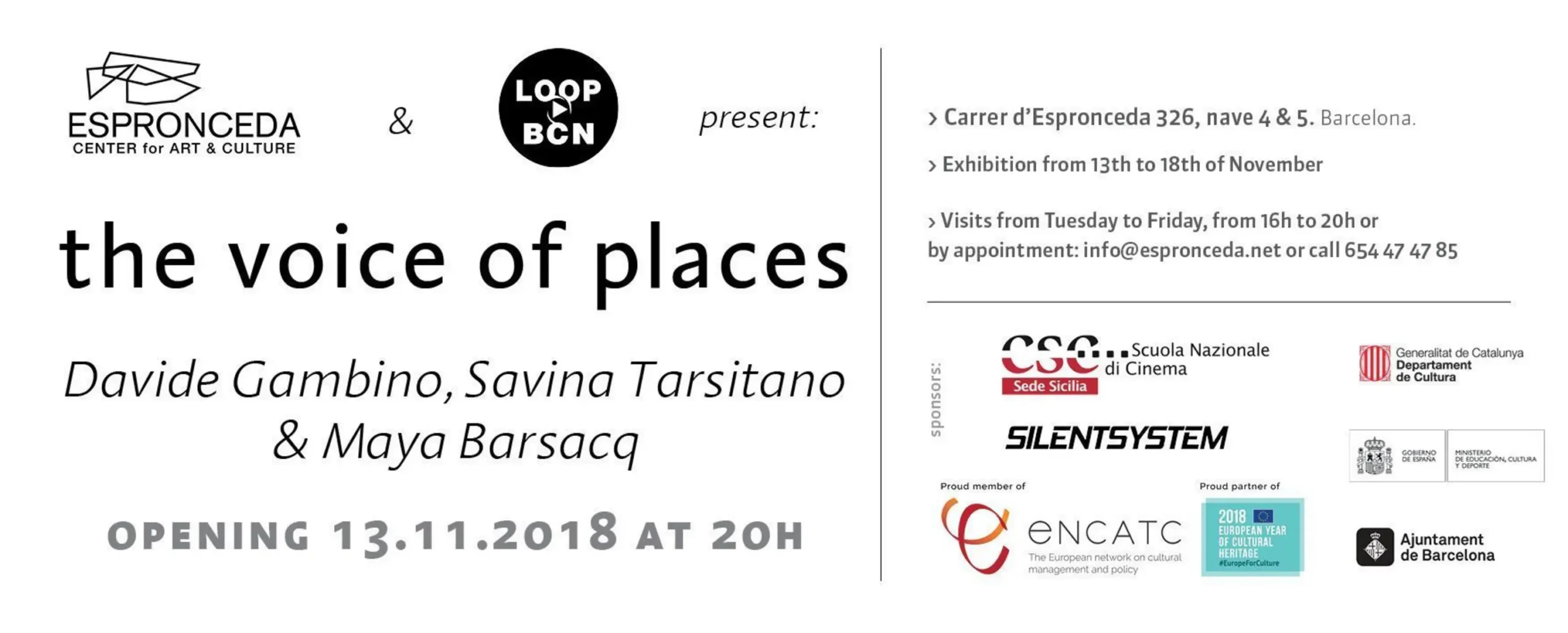 Flyer of The Voice of Places, an event at Espronceda art and culture center in Barcelona featuring video art, photography and music by Davide Gambino, Savina Tarsitano and Maya Barsacq at LOOP Festival 2018.