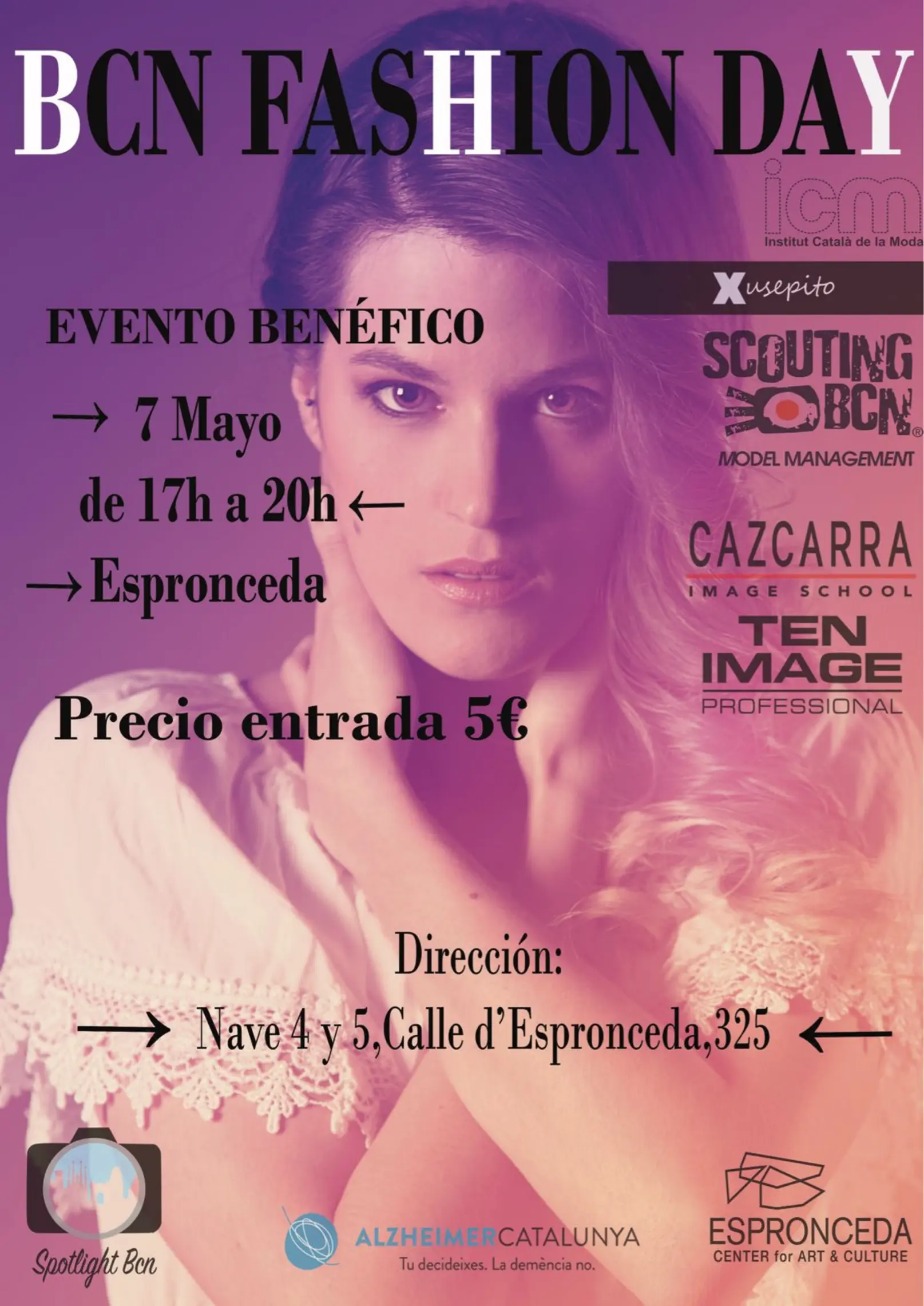 Cartel del BCN Fashion Day, evento benéfico de moda celebrado en Espronceda Center for Art and Culture de Barcelona el 7 de mayo, con una modelo posando sobre fondo morado y los logos de los patrocinadores.