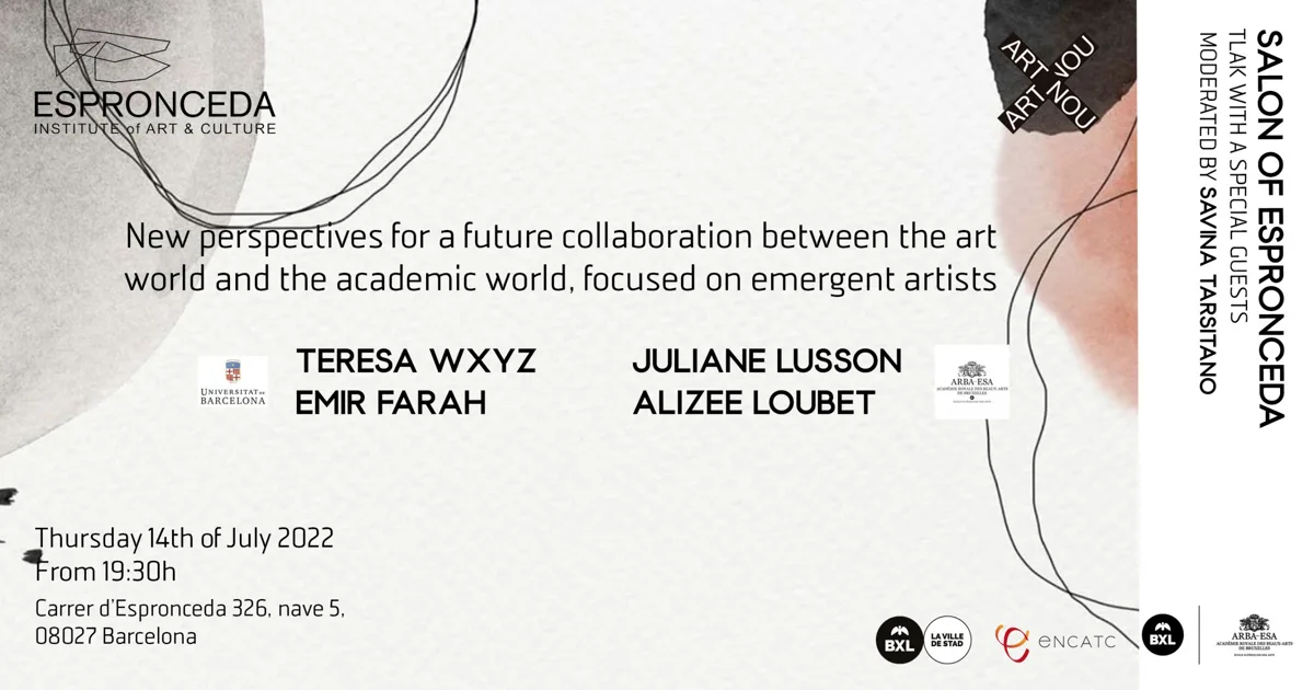 Promotional flyer for the Salon of Espronceda round table on new perspectives for collaboration between the art world and academia, held on 14 July 2022 at Espronceda Institute of Art & Culture in Barcelona.