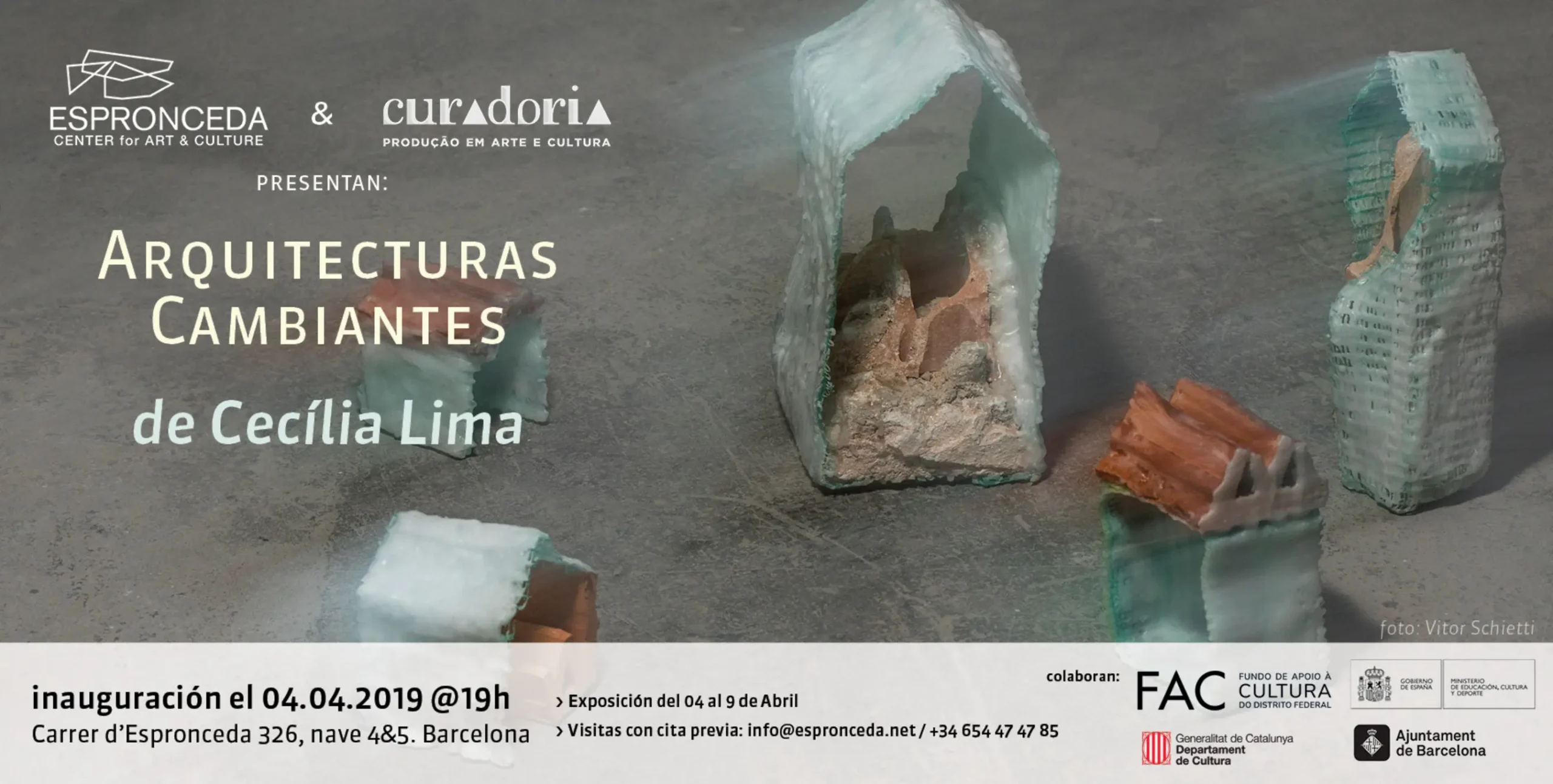 Banner of the individual exhibition 'Arquitecturas Cambiantes' by Cecília Lima at Espronceda, center of art and culture in Barcelona, showing urban architectural explorations through the city.