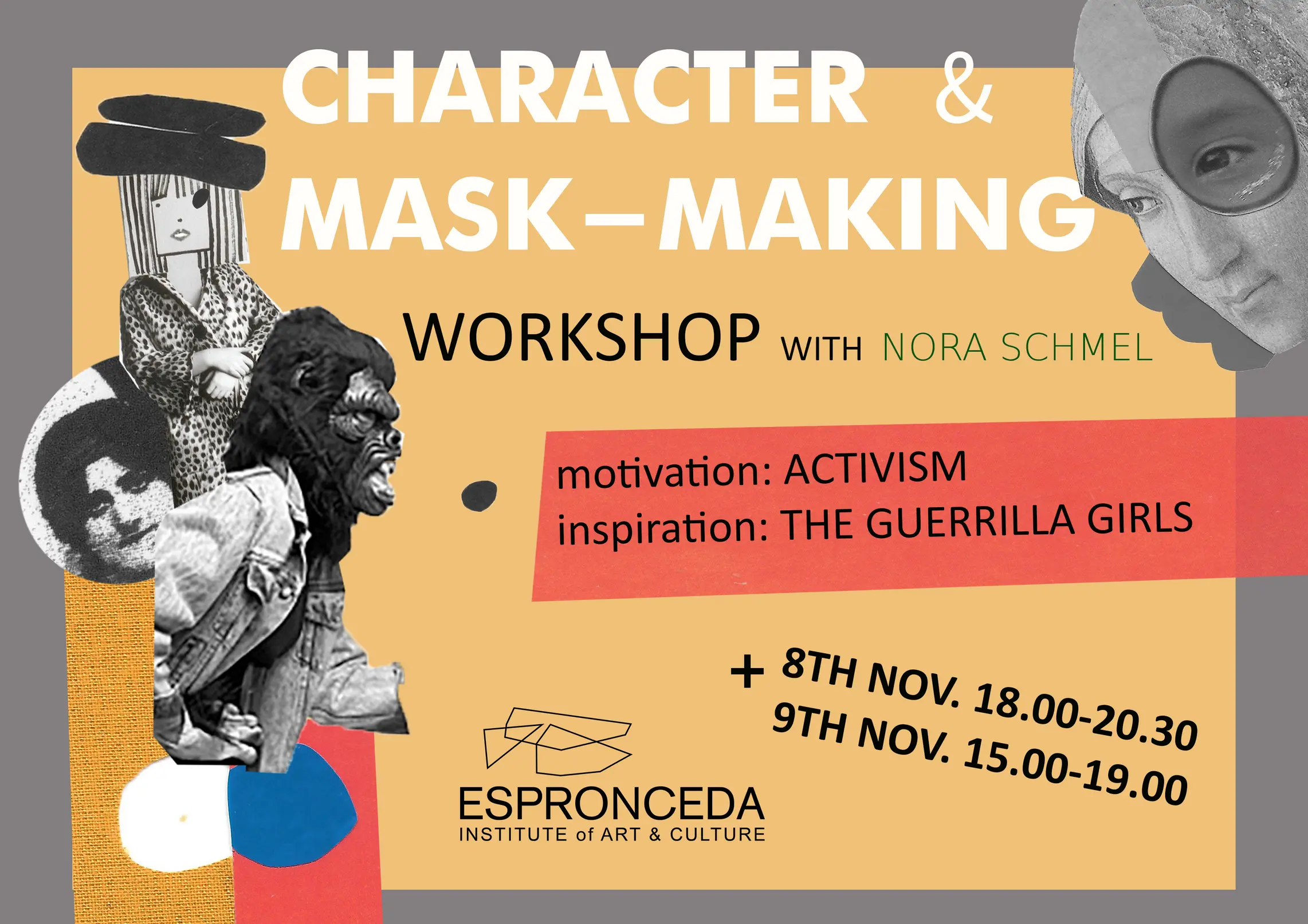 Flyer del taller de creación de personajes y máscaras inspirado en las Guerrilla Girls, organizado por Nora Schmel en Espronceda, centro de arte y cultura de Barcelona.