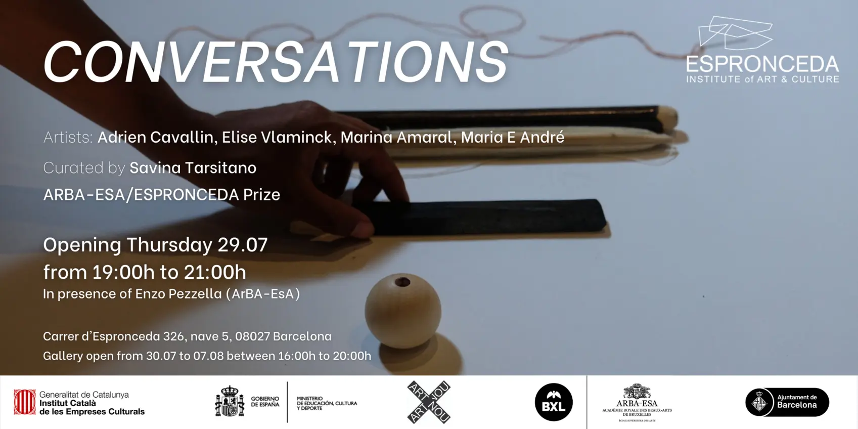 Flyer of the group exhibition Conversations at Espronceda art and culture center in Barcelona, featuring works by Marina Amaral, Maria e Andre, Adrien Cavallin and Elise Vlaminck.