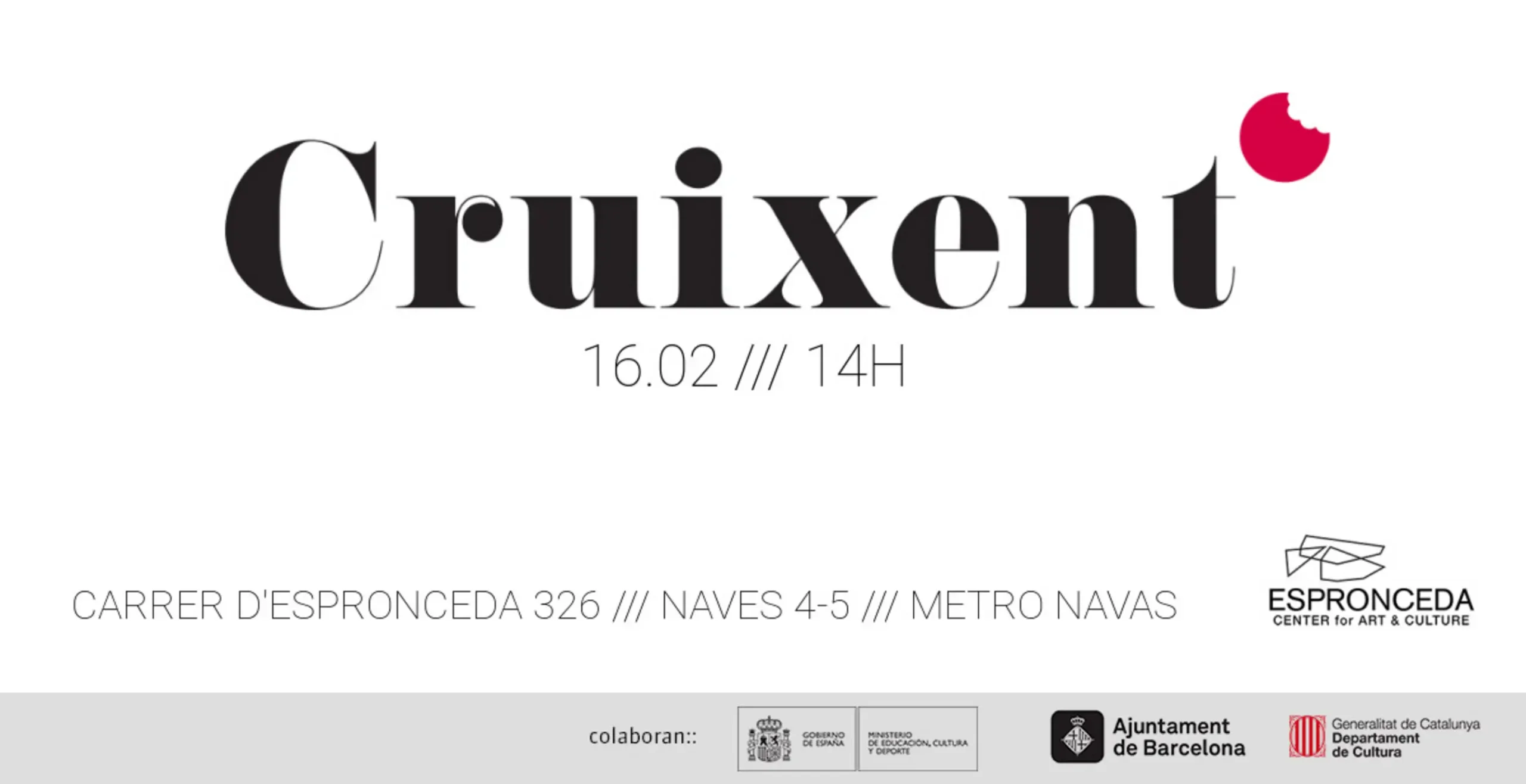Banner promocional de Cruixent, exposición colectiva de 18 jóvenes artistas visuales con propuestas performativas en Espronceda, centro de arte y cultura de Barcelona.