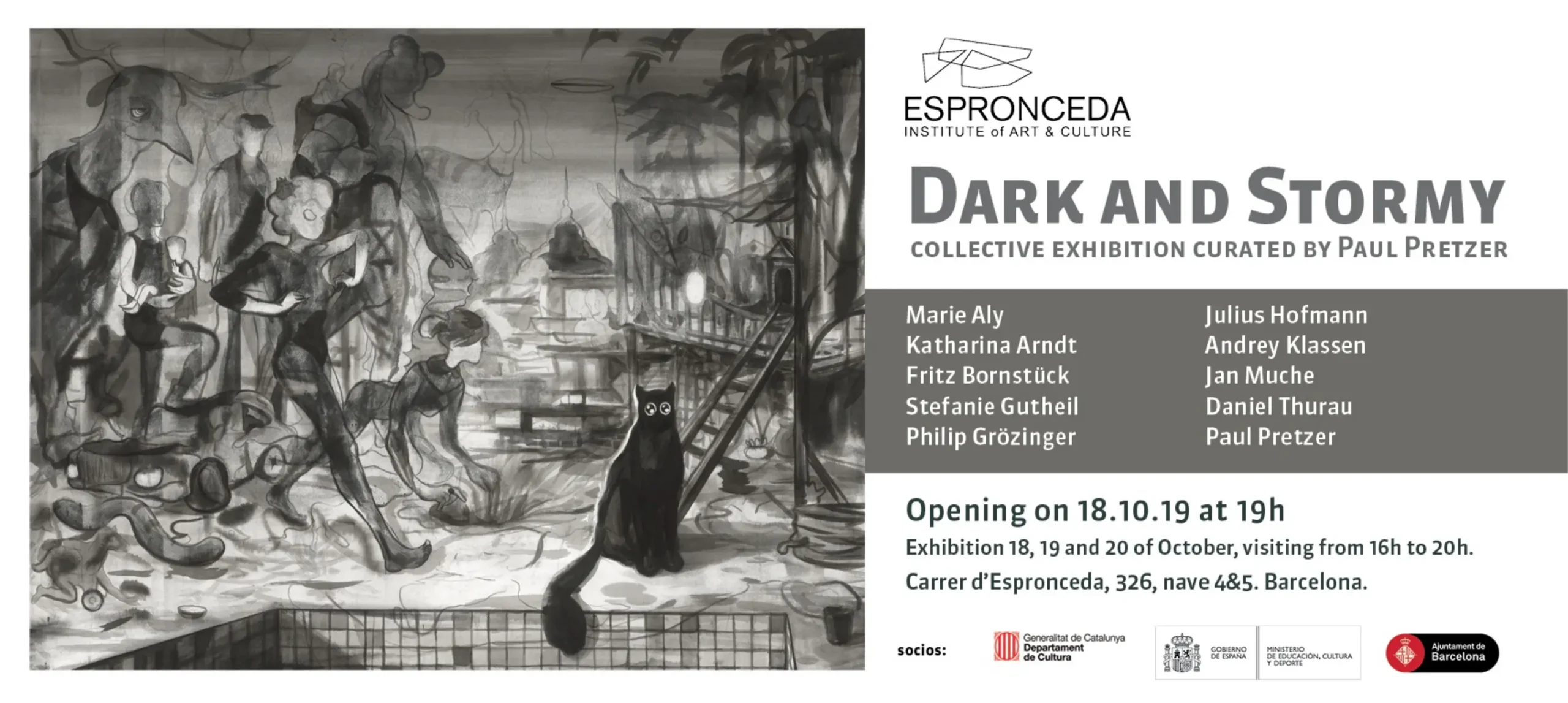 Flyer of the collective exhibition Dark and Stormy, curated by Paul Pretzer and presented at Espronceda, centre d'art i cultura de Barcelona.