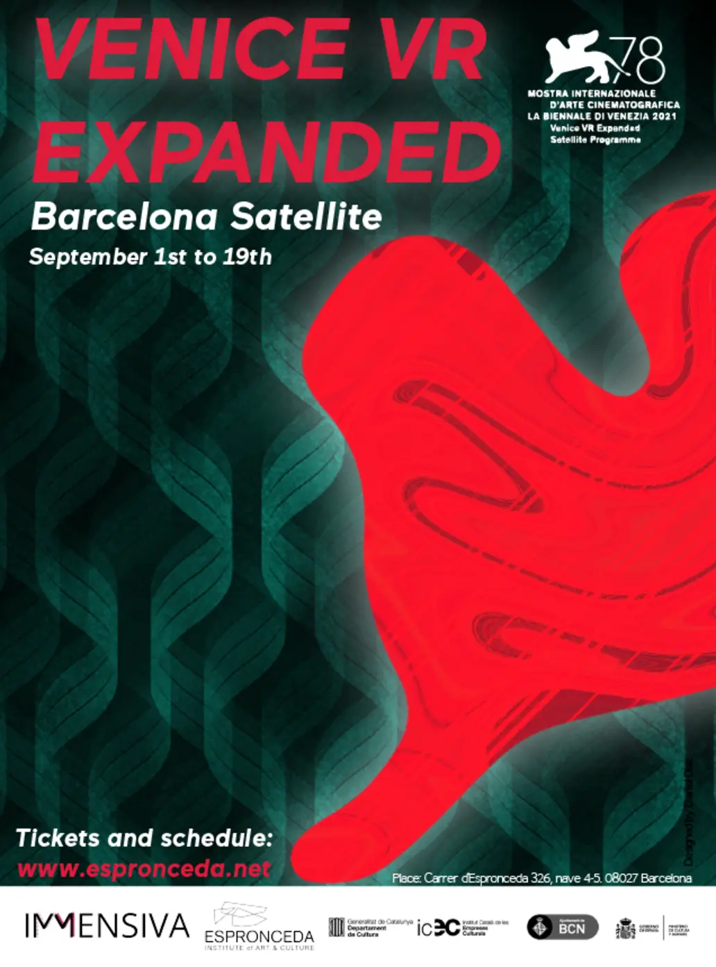 Cartell promocional del Venice VR Expanded Satèl·lit Barcelona a Espronceda, Institut d'Art i Cultura de Barcelona, amb les dates de l'1 al 19 de setembre de 2021.