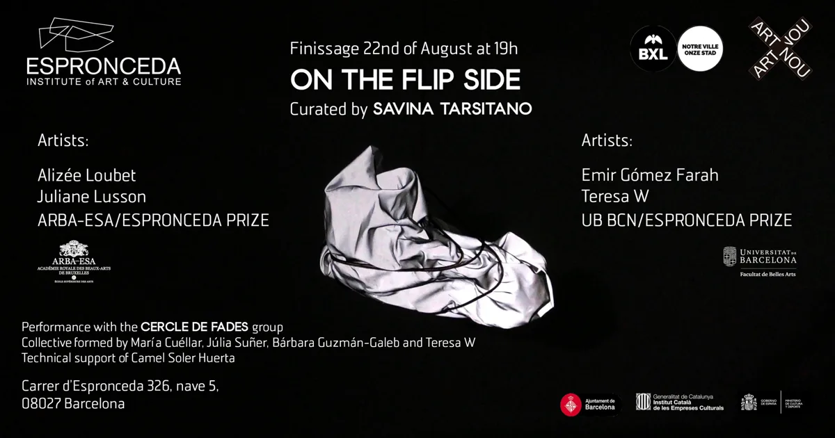 Promotional image for the finissage of 'On the Flip Side' at Espronceda Institute of Art & Culture in Barcelona, featuring a crumpled fabric sculpture on a black background.