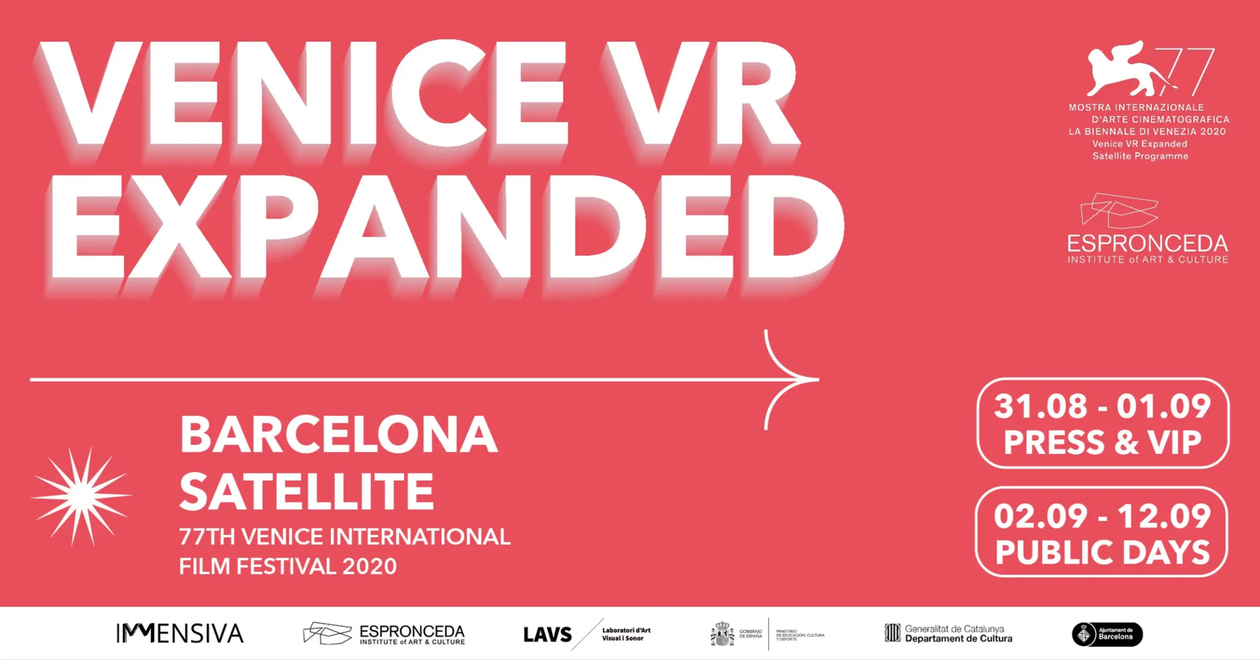 Promotional banner for Venice VR Expanded Barcelona Satellite at Espronceda Institute of Art and Culture, official satellite venue of the 77th Venice International Film Festival 2020, showing event dates from 31 August to 12 September 2020.