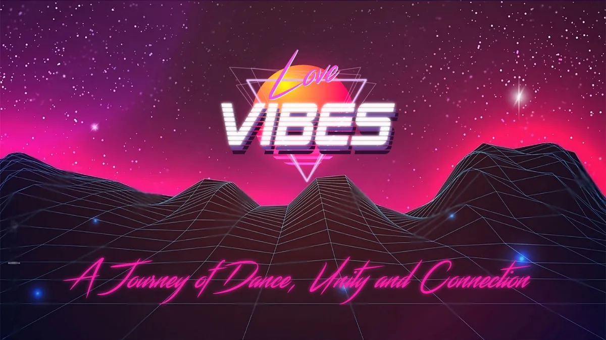 Promotional artwork for Love Vibes at Ars Electronica Garden Barcelona 2023, presented by Espronceda Institute of Art and Culture, featuring a retrofuturistic neon landscape with the tagline 'A Journey of Dance, Unity and Connection'.